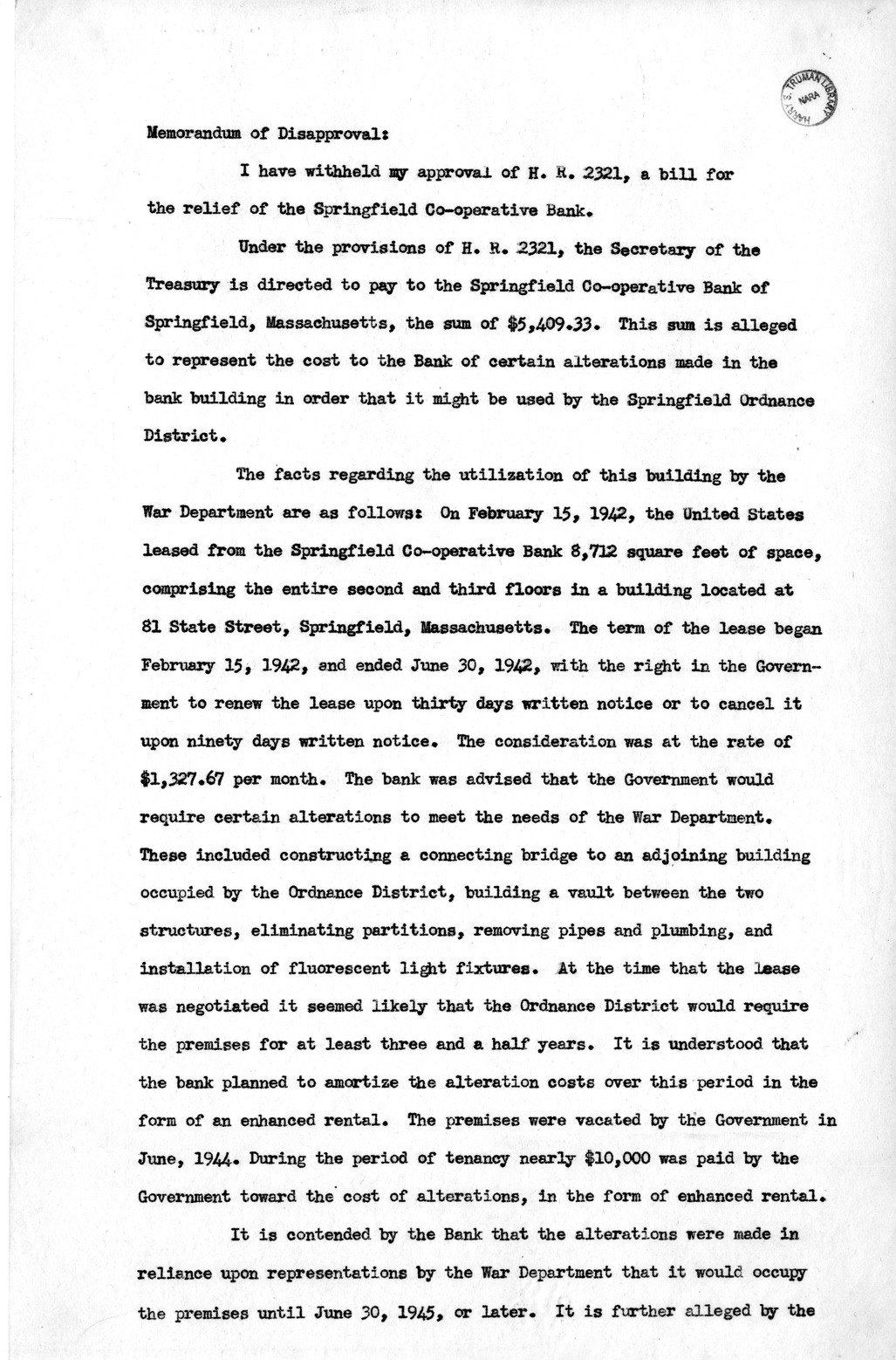 Memorandum from Harold D. Smith to M. C. Latta, H. R. 2321, For the Relief of the Springfield Co-operative Bank, with Attachments