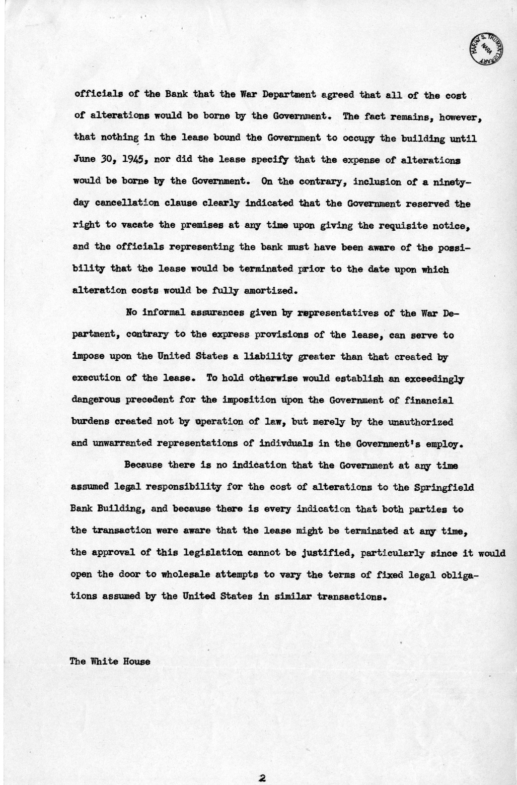 Memorandum from Harold D. Smith to M. C. Latta, H. R. 2321, For the Relief of the Springfield Co-operative Bank, with Attachments