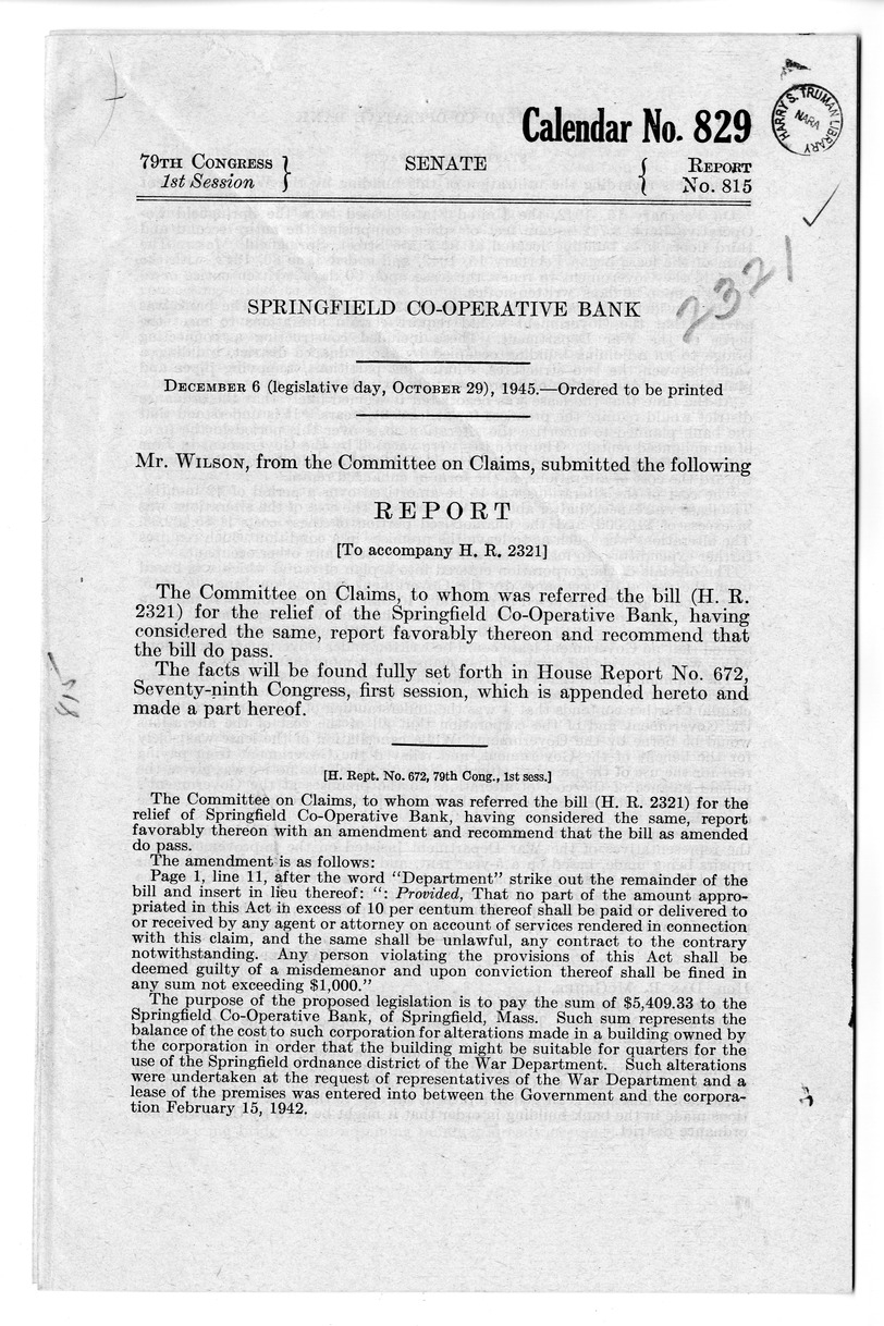 Memorandum from Harold D. Smith to M. C. Latta, H. R. 2321, For the Relief of the Springfield Co-operative Bank, with Attachments