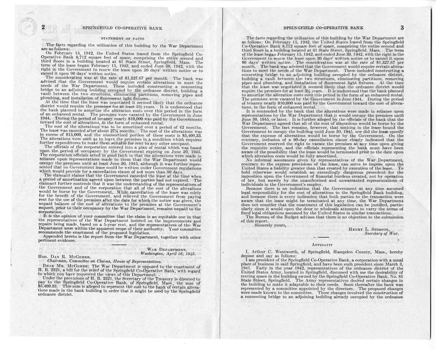 Memorandum from Harold D. Smith to M. C. Latta, H. R. 2321, For the Relief of the Springfield Co-operative Bank, with Attachments