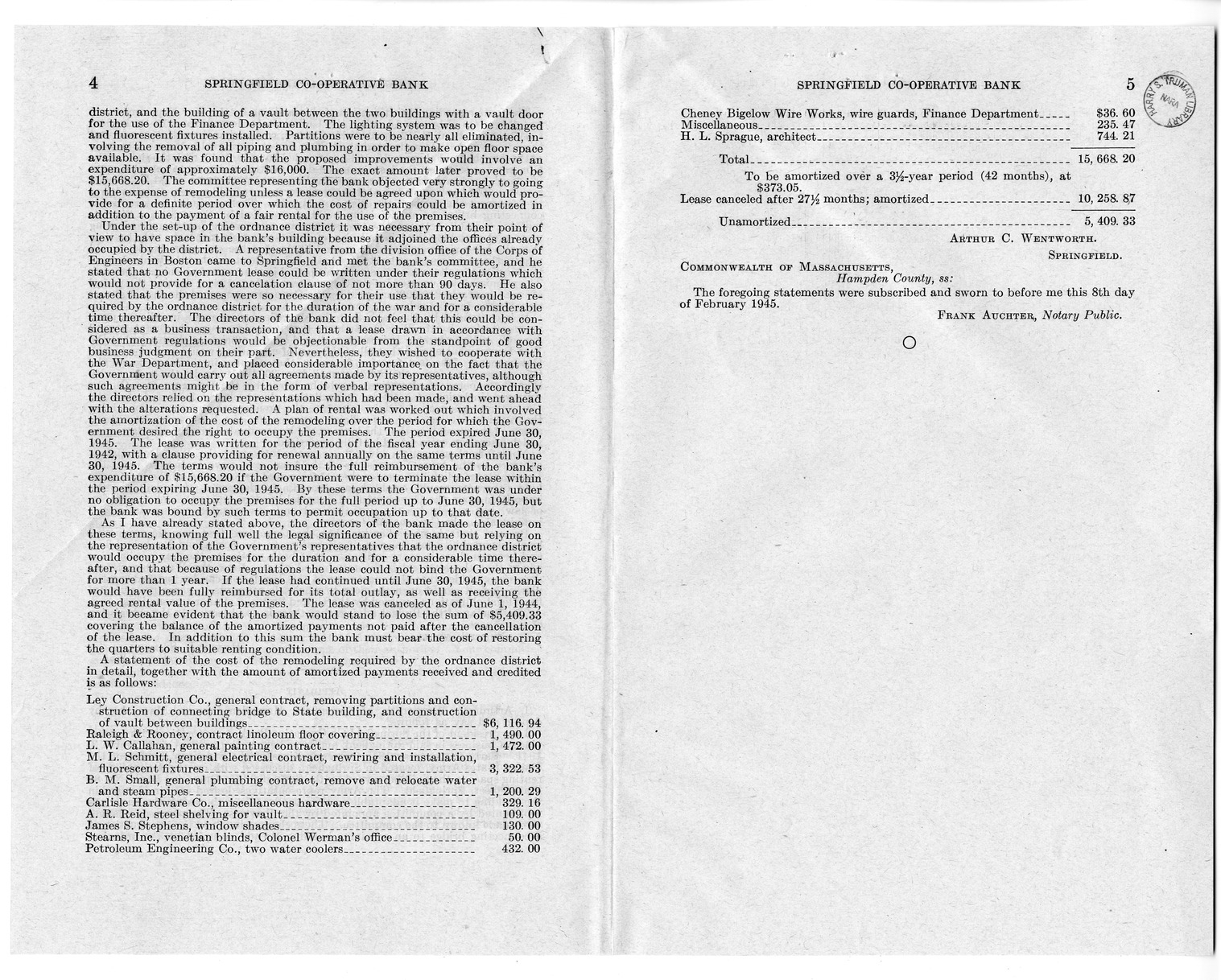 Memorandum from Harold D. Smith to M. C. Latta, H. R. 2321, For the Relief of the Springfield Co-operative Bank, with Attachments