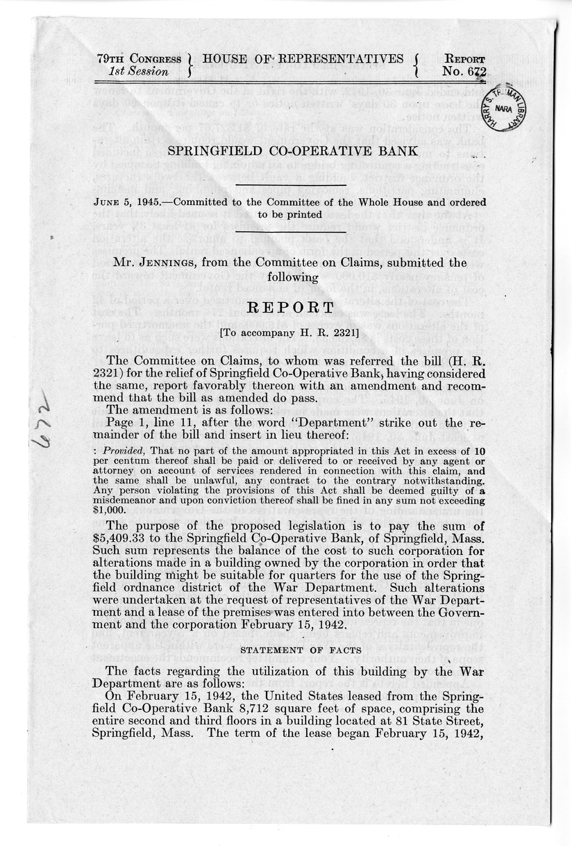 Memorandum from Harold D. Smith to M. C. Latta, H. R. 2321, For the Relief of the Springfield Co-operative Bank, with Attachments