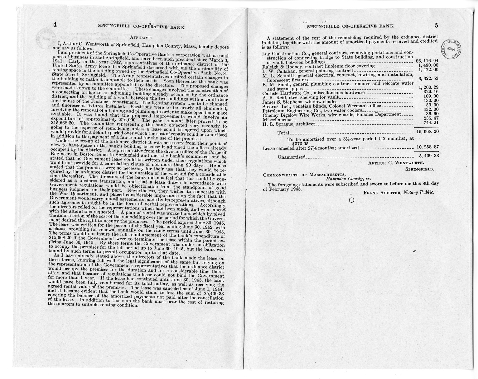 Memorandum from Harold D. Smith to M. C. Latta, H. R. 2321, For the Relief of the Springfield Co-operative Bank, with Attachments