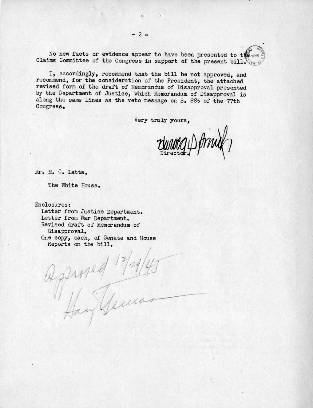 Memorandum from Harold D. Smith to M. C. Latta, H.R. 3574, For the Relief of Certain Claimants Who Suffered Loss by Flood in, at, or Near Bean Lake in Platte County, in the State of Missouri, During the Month of March 1934, with Attachments