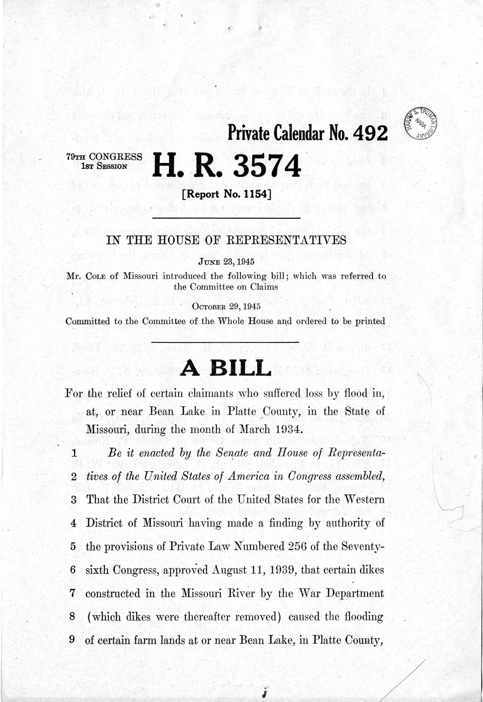 Memorandum from Harold D. Smith to M. C. Latta, H.R. 3574, For the Relief of Certain Claimants Who Suffered Loss by Flood in, at, or Near Bean Lake in Platte County, in the State of Missouri, During the Month of March 1934, with Attachments