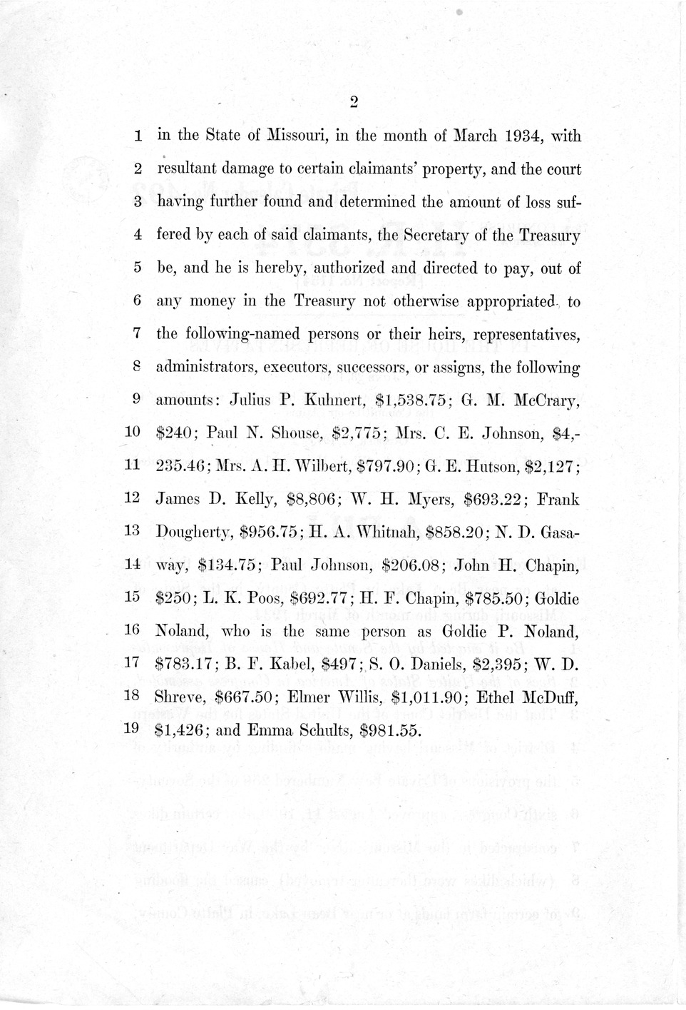 Memorandum from Harold D. Smith to M. C. Latta, H.R. 3574, For the Relief of Certain Claimants Who Suffered Loss by Flood in, at, or Near Bean Lake in Platte County, in the State of Missouri, During the Month of March 1934, with Attachments