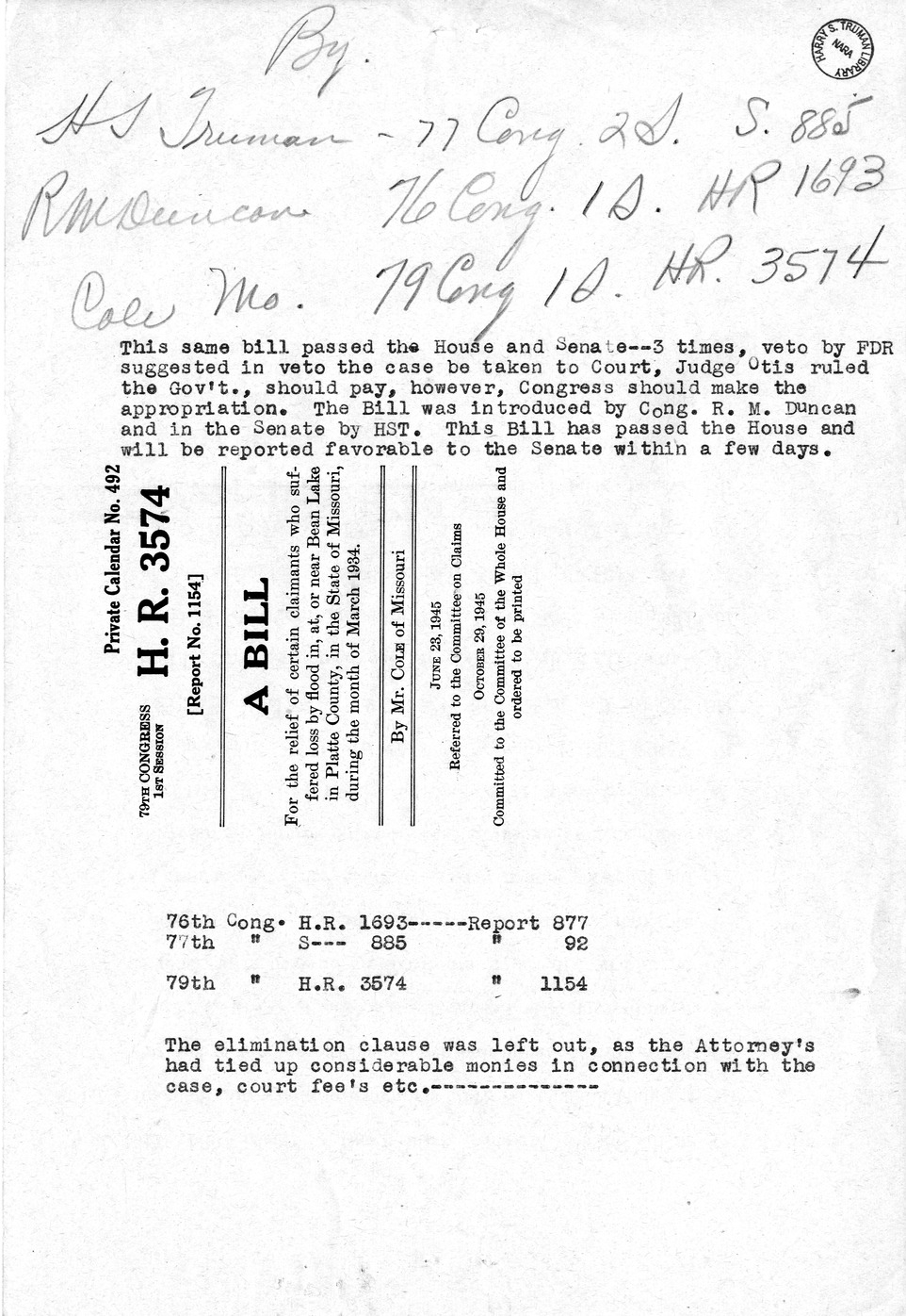 Memorandum from Harold D. Smith to M. C. Latta, H.R. 3574, For the Relief of Certain Claimants Who Suffered Loss by Flood in, at, or Near Bean Lake in Platte County, in the State of Missouri, During the Month of March 1934, with Attachments