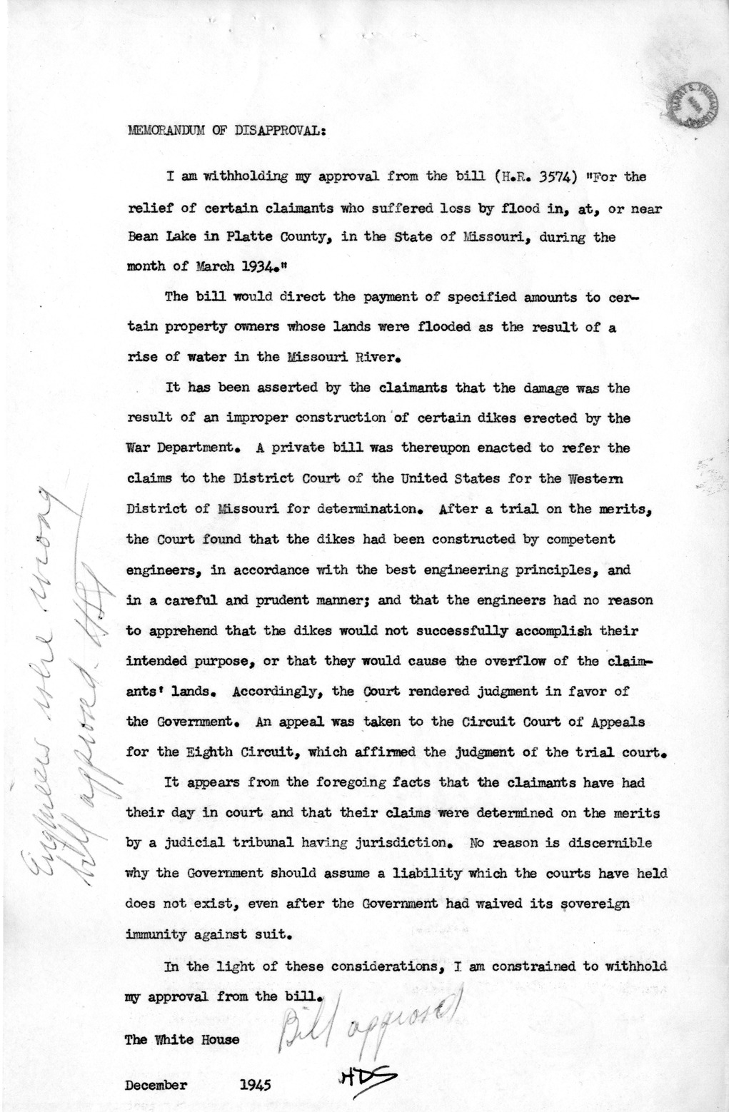 Memorandum from Harold D. Smith to M. C. Latta, H.R. 3574, For the Relief of Certain Claimants Who Suffered Loss by Flood in, at, or Near Bean Lake in Platte County, in the State of Missouri, During the Month of March 1934, with Attachments