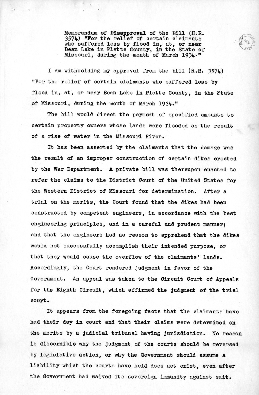 Memorandum from Harold D. Smith to M. C. Latta, H.R. 3574, For the Relief of Certain Claimants Who Suffered Loss by Flood in, at, or Near Bean Lake in Platte County, in the State of Missouri, During the Month of March 1934, with Attachments