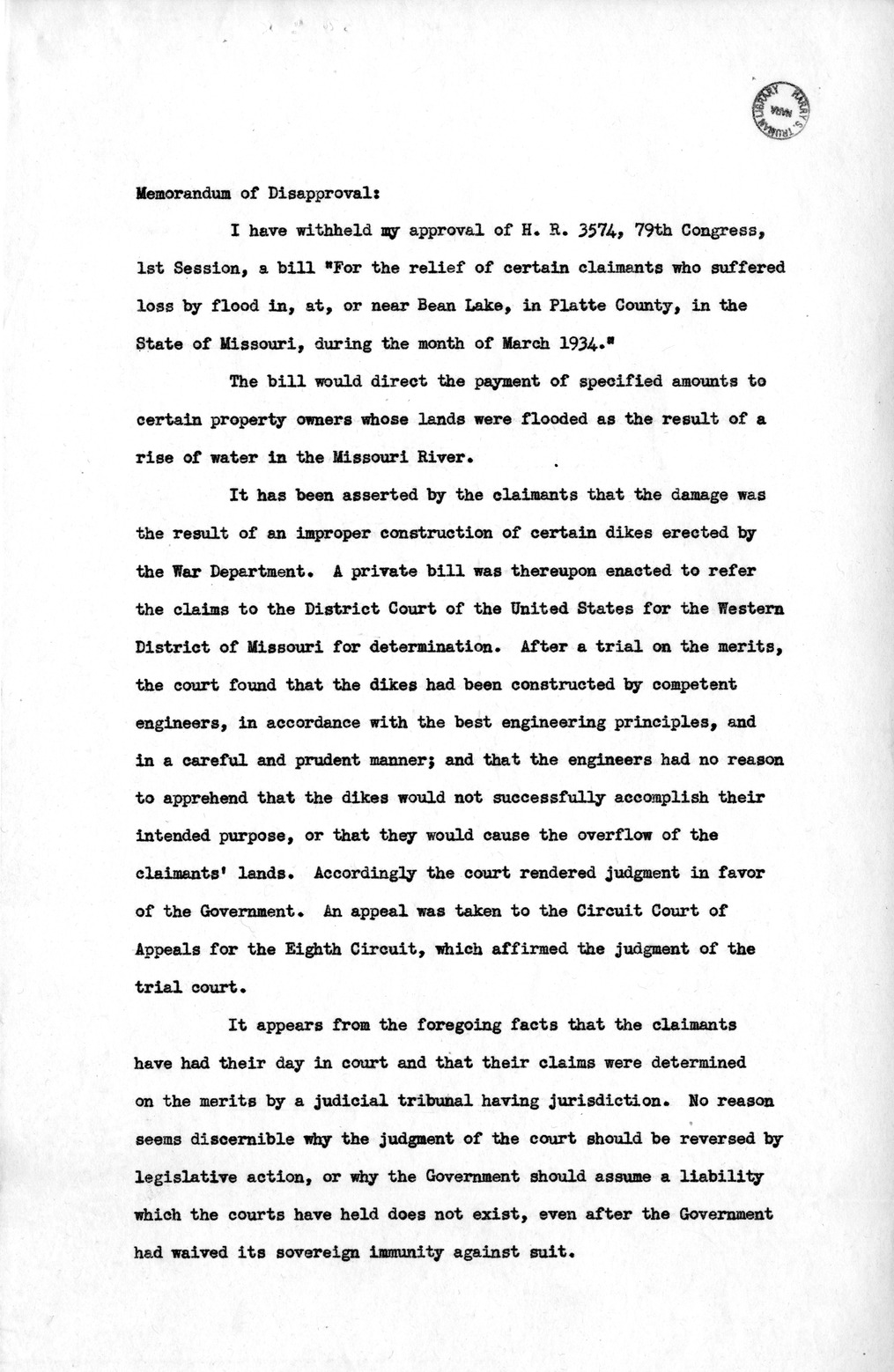 Memorandum from Harold D. Smith to M. C. Latta, H.R. 3574, For the Relief of Certain Claimants Who Suffered Loss by Flood in, at, or Near Bean Lake in Platte County, in the State of Missouri, During the Month of March 1934, with Attachments