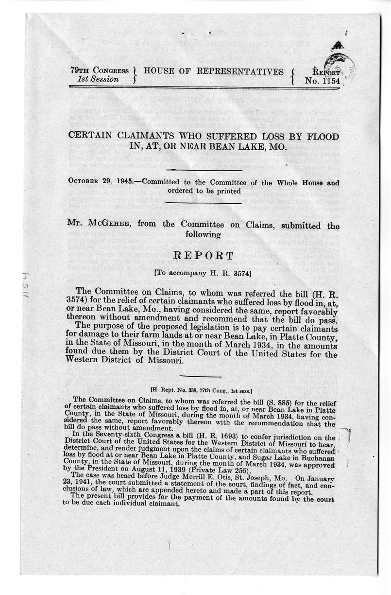 Memorandum from Harold D. Smith to M. C. Latta, H.R. 3574, For the Relief of Certain Claimants Who Suffered Loss by Flood in, at, or Near Bean Lake in Platte County, in the State of Missouri, During the Month of March 1934, with Attachments