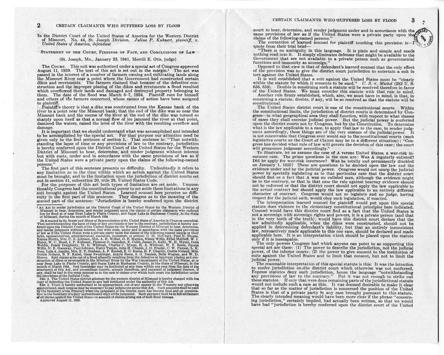 Memorandum from Harold D. Smith to M. C. Latta, H.R. 3574, For the Relief of Certain Claimants Who Suffered Loss by Flood in, at, or Near Bean Lake in Platte County, in the State of Missouri, During the Month of March 1934, with Attachments