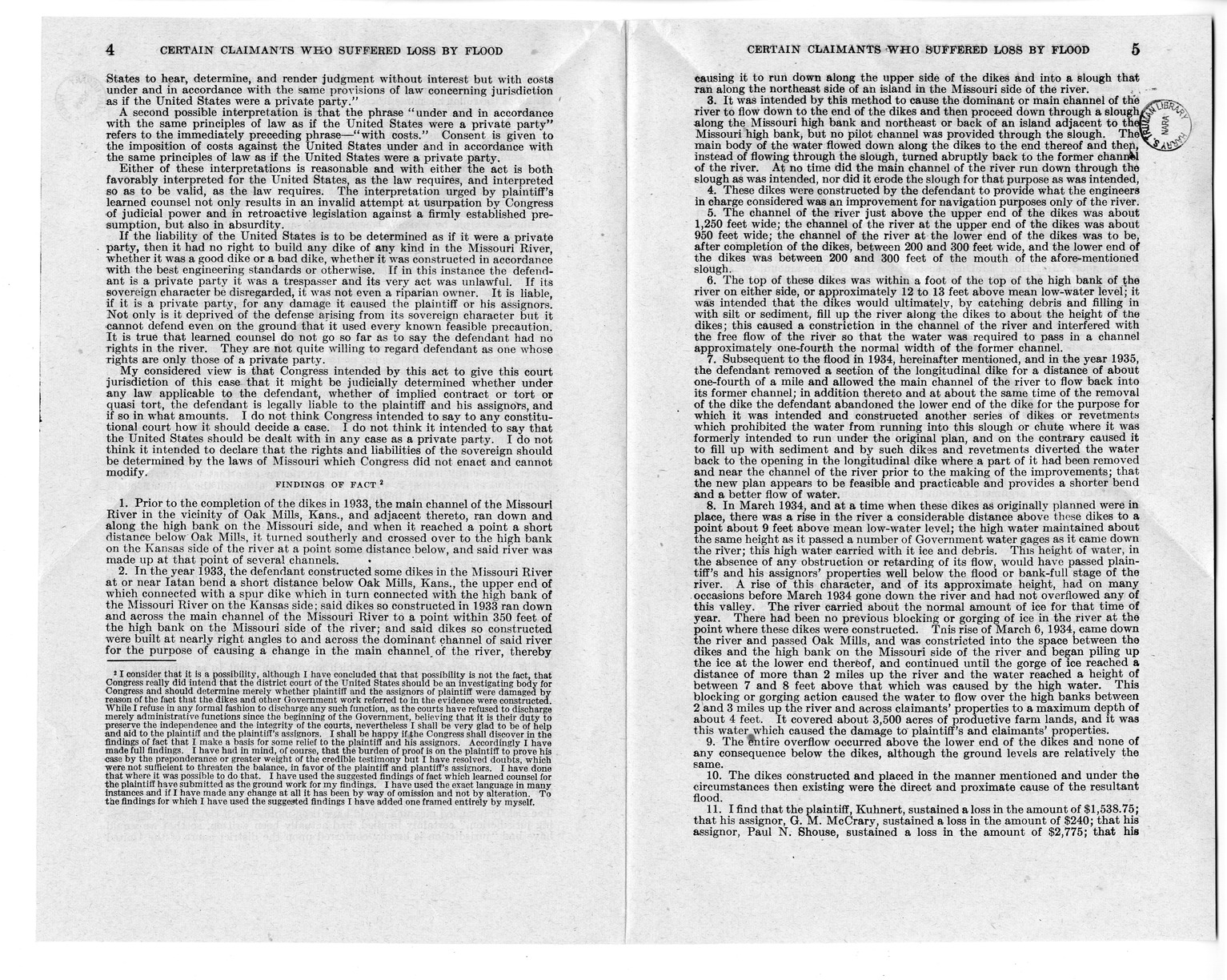 Memorandum from Harold D. Smith to M. C. Latta, H.R. 3574, For the Relief of Certain Claimants Who Suffered Loss by Flood in, at, or Near Bean Lake in Platte County, in the State of Missouri, During the Month of March 1934, with Attachments