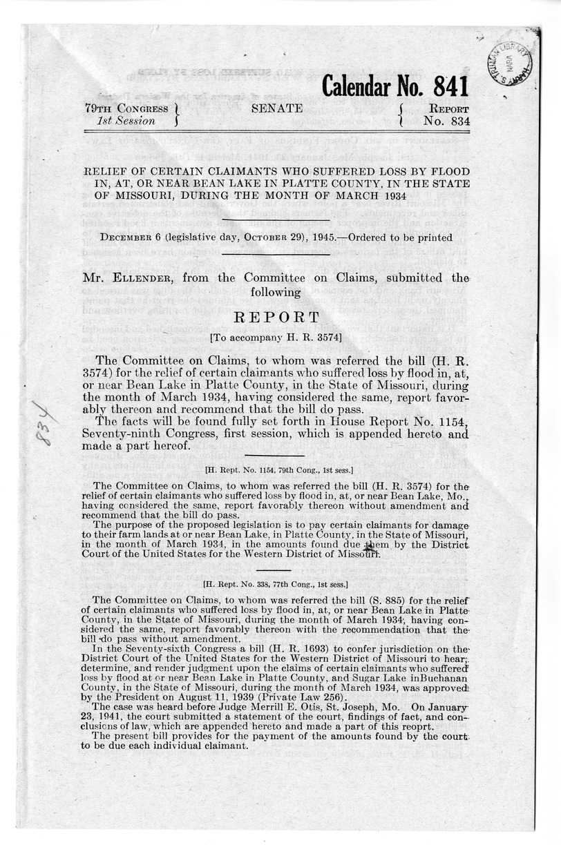 Memorandum from Harold D. Smith to M. C. Latta, H.R. 3574, For the Relief of Certain Claimants Who Suffered Loss by Flood in, at, or Near Bean Lake in Platte County, in the State of Missouri, During the Month of March 1934, with Attachments