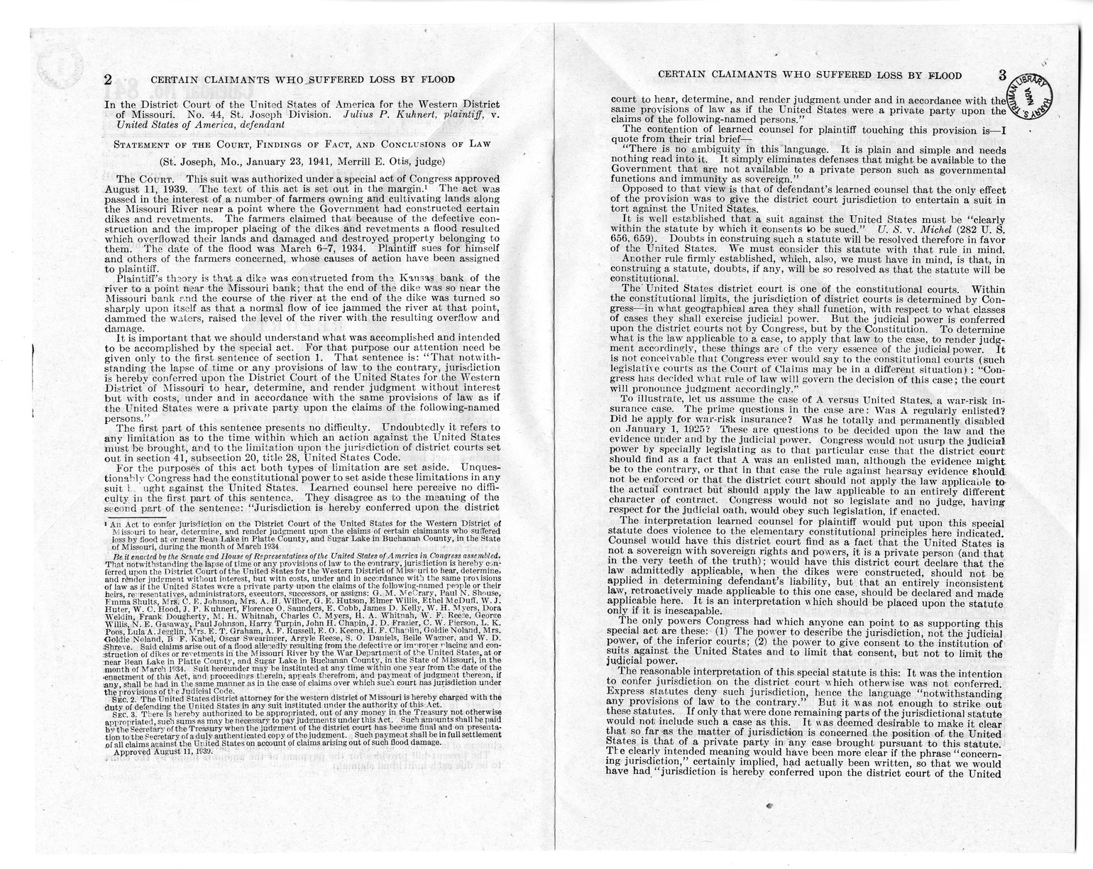 Memorandum from Harold D. Smith to M. C. Latta, H.R. 3574, For the Relief of Certain Claimants Who Suffered Loss by Flood in, at, or Near Bean Lake in Platte County, in the State of Missouri, During the Month of March 1934, with Attachments