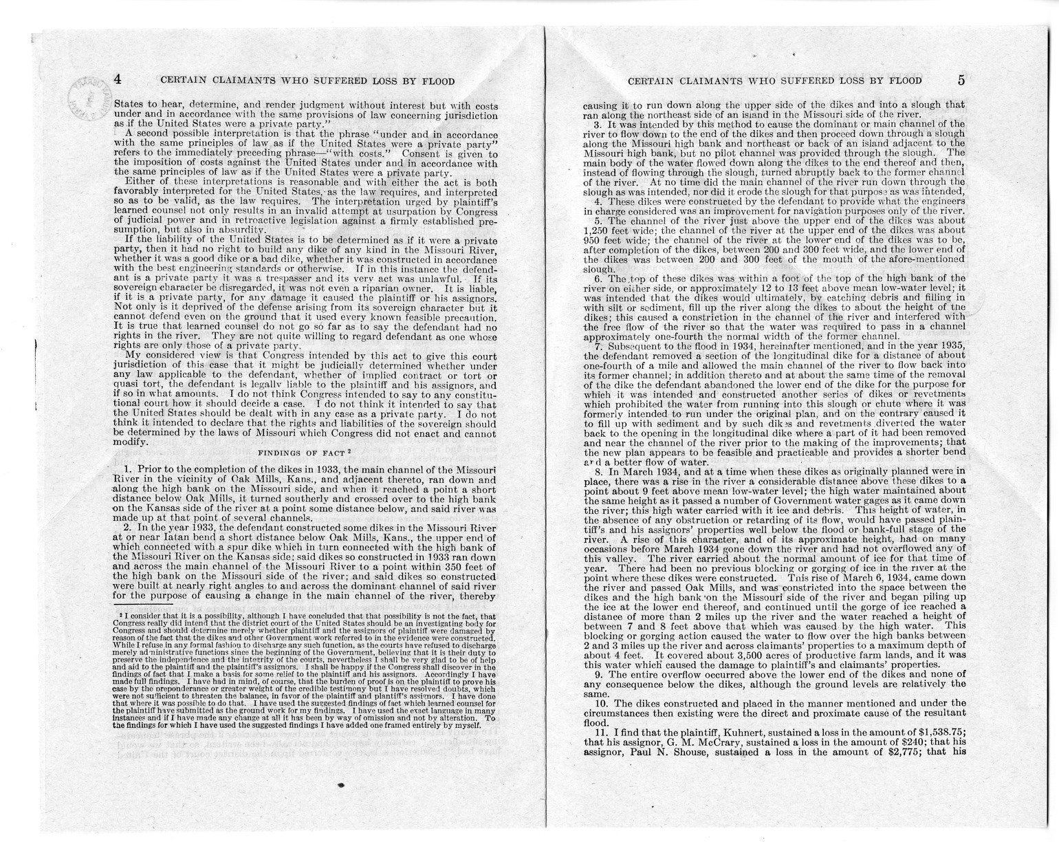 Memorandum from Harold D. Smith to M. C. Latta, H.R. 3574, For the Relief of Certain Claimants Who Suffered Loss by Flood in, at, or Near Bean Lake in Platte County, in the State of Missouri, During the Month of March 1934, with Attachments