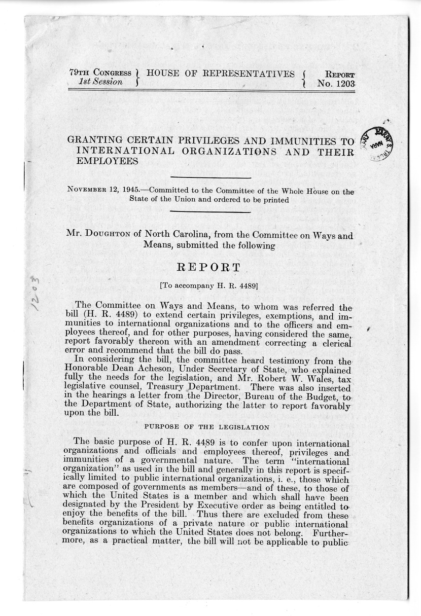 Memorandum from Harold D. Smith to M. C. Latta, H. R. 4489, To Extend Certain Privileges, Exemptions, and Immunities to International Organizations and to the Officers and Employees Thereof, with Attachments