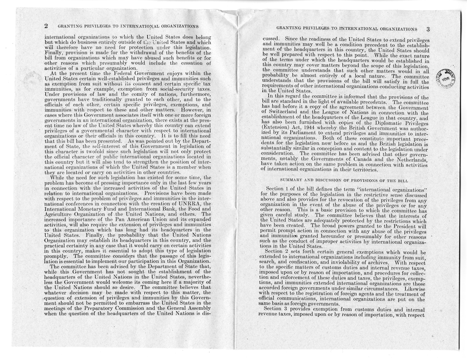 Memorandum from Harold D. Smith to M. C. Latta, H. R. 4489, To Extend Certain Privileges, Exemptions, and Immunities to International Organizations and to the Officers and Employees Thereof, with Attachments