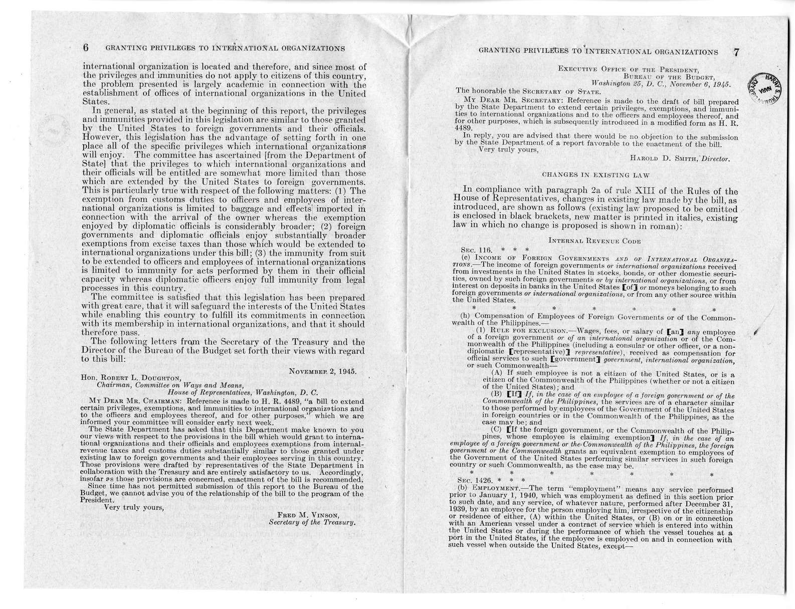 Memorandum from Harold D. Smith to M. C. Latta, H. R. 4489, To Extend Certain Privileges, Exemptions, and Immunities to International Organizations and to the Officers and Employees Thereof, with Attachments