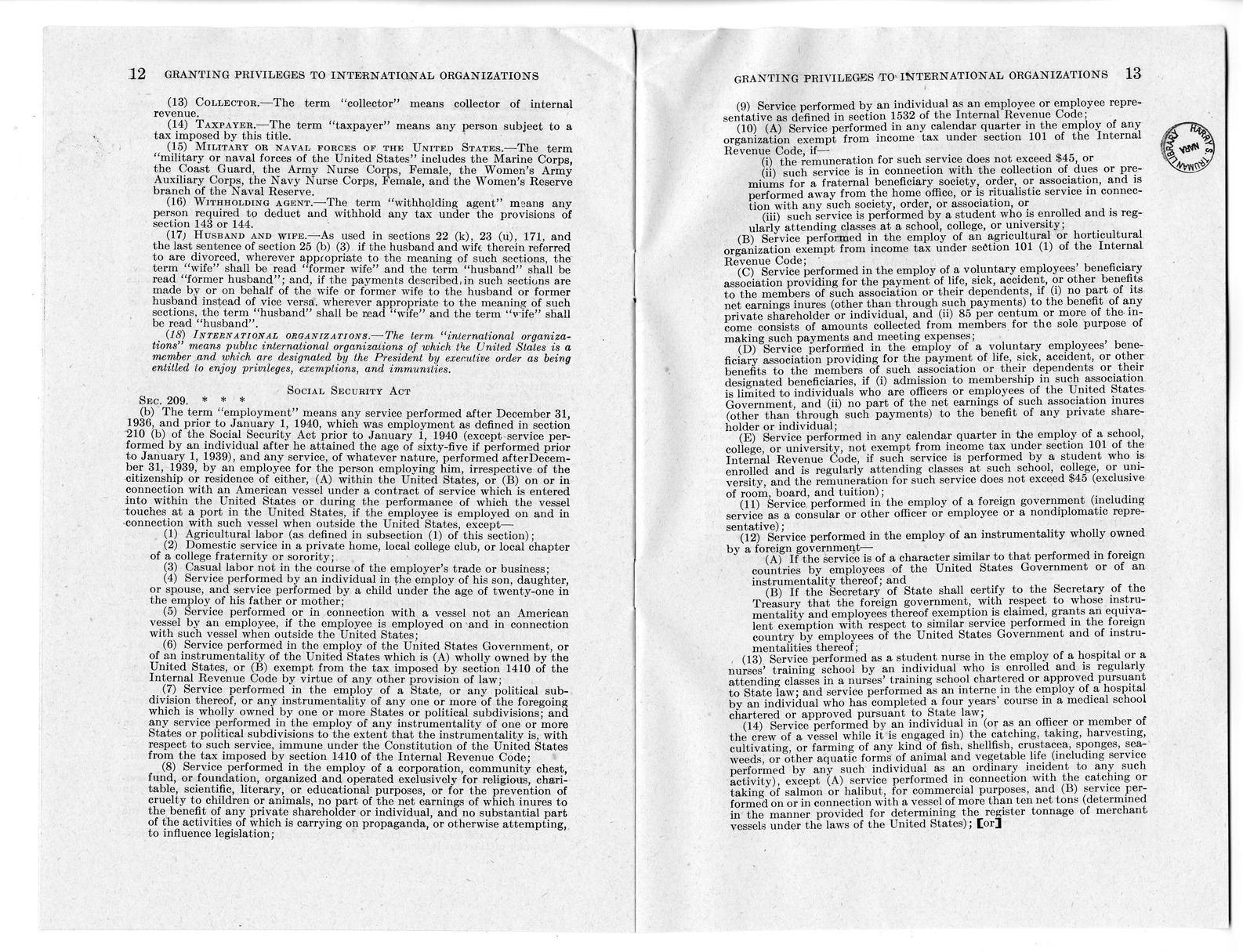 Memorandum from Harold D. Smith to M. C. Latta, H. R. 4489, To Extend Certain Privileges, Exemptions, and Immunities to International Organizations and to the Officers and Employees Thereof, with Attachments