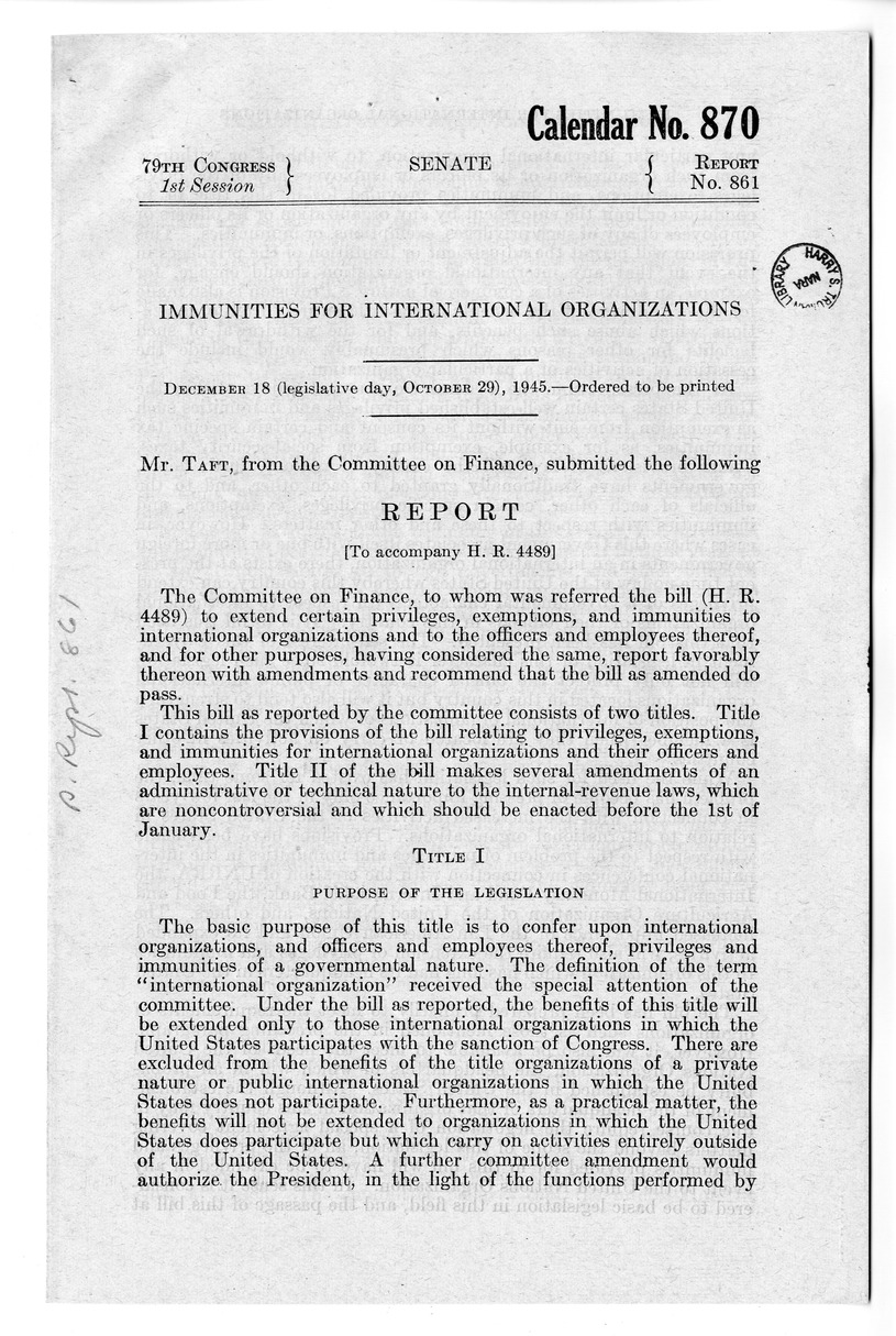 Memorandum from Harold D. Smith to M. C. Latta, H. R. 4489, To Extend Certain Privileges, Exemptions, and Immunities to International Organizations and to the Officers and Employees Thereof, with Attachments