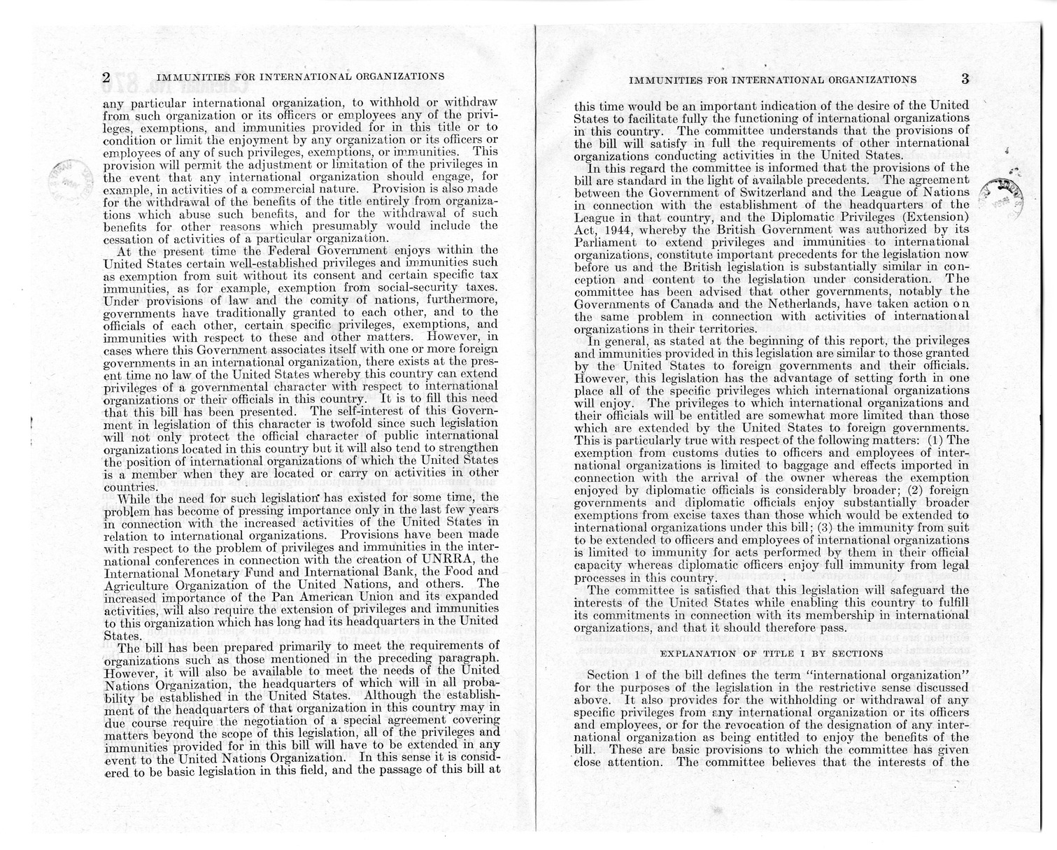 Memorandum from Harold D. Smith to M. C. Latta, H. R. 4489, To Extend Certain Privileges, Exemptions, and Immunities to International Organizations and to the Officers and Employees Thereof, with Attachments