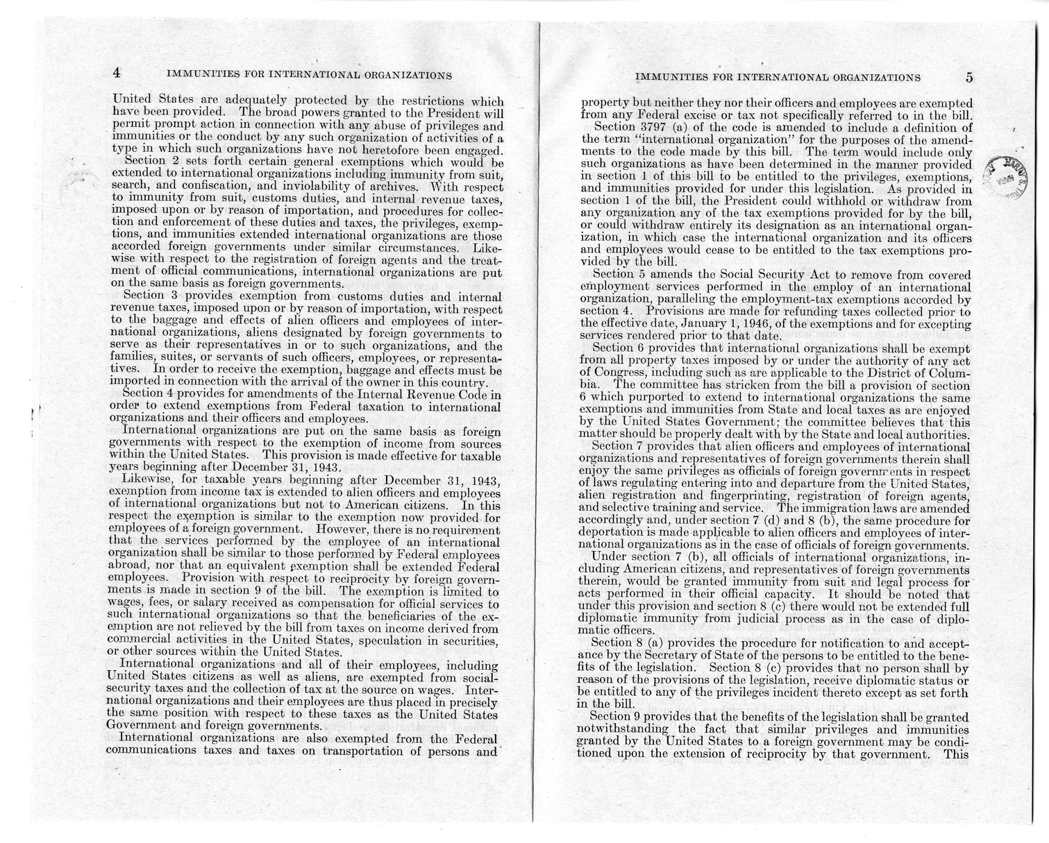 Memorandum from Harold D. Smith to M. C. Latta, H. R. 4489, To Extend Certain Privileges, Exemptions, and Immunities to International Organizations and to the Officers and Employees Thereof, with Attachments