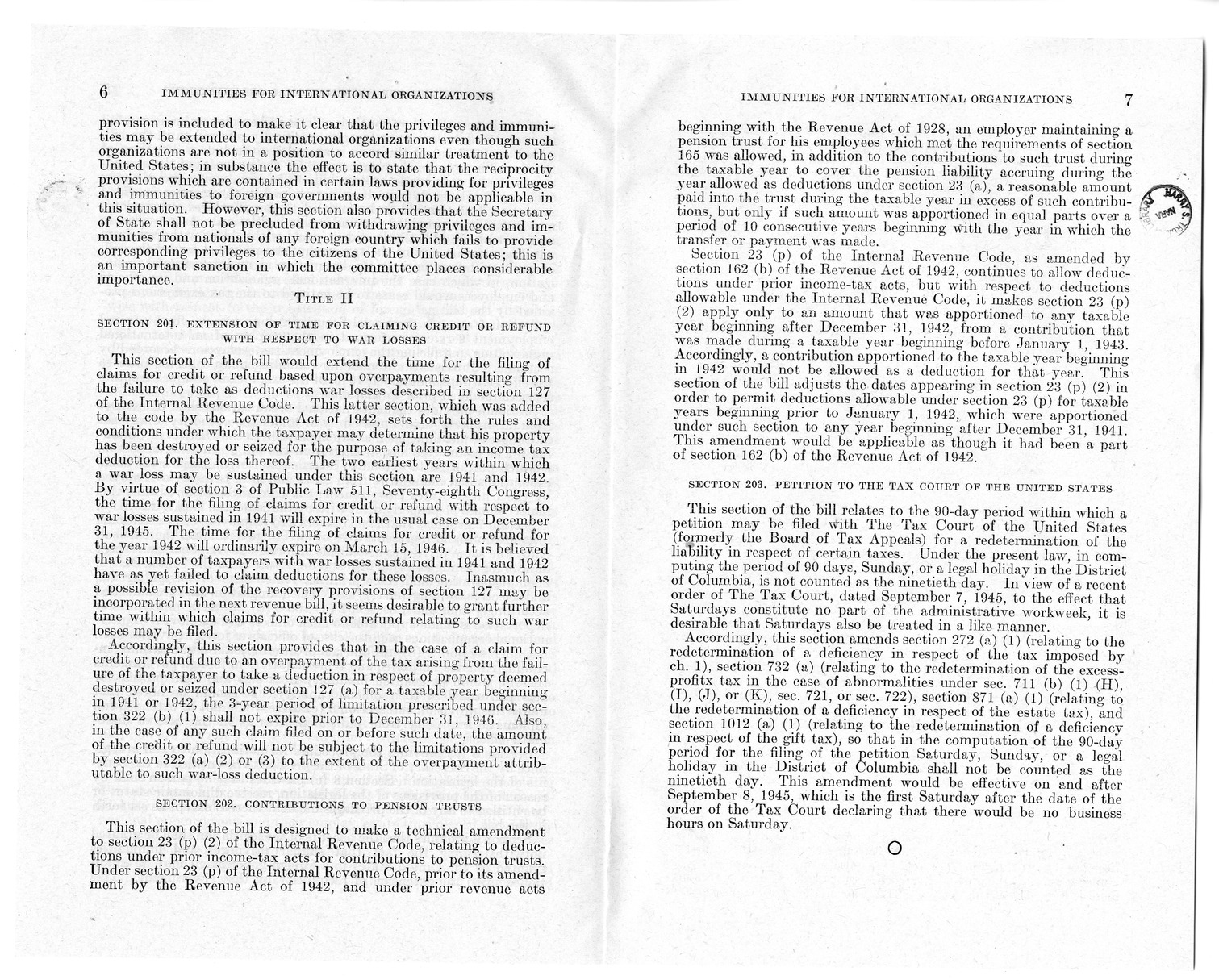 Memorandum from Harold D. Smith to M. C. Latta, H. R. 4489, To Extend Certain Privileges, Exemptions, and Immunities to International Organizations and to the Officers and Employees Thereof, with Attachments