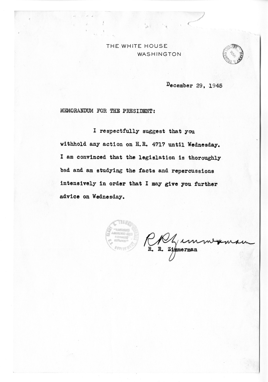 Memorandum from Raymond Zimmerman to President Harry S. Truman, with Attachment