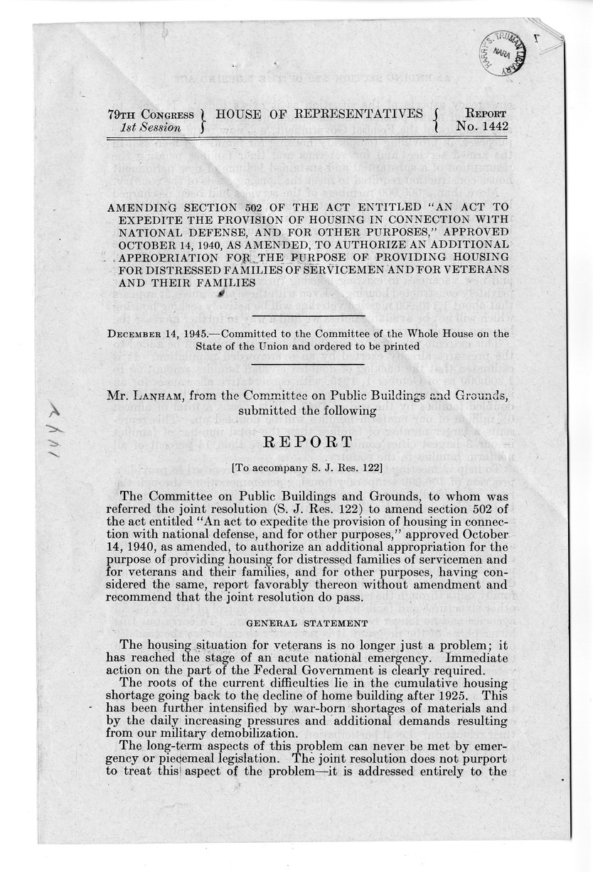 Memorandum from Harold D. Smith to M. C. Latta, S. J. Res. 122, To Amend Section 502 of the Act to Expedite the Provision of Housing in Connection with National Defense, Approved October 14, 1940, as Amended, to Authorize an Additional Appropriation for the Purpose of Providing Housing for Distressed Families of Servicemen and for Veterans and their Families, with Attachments