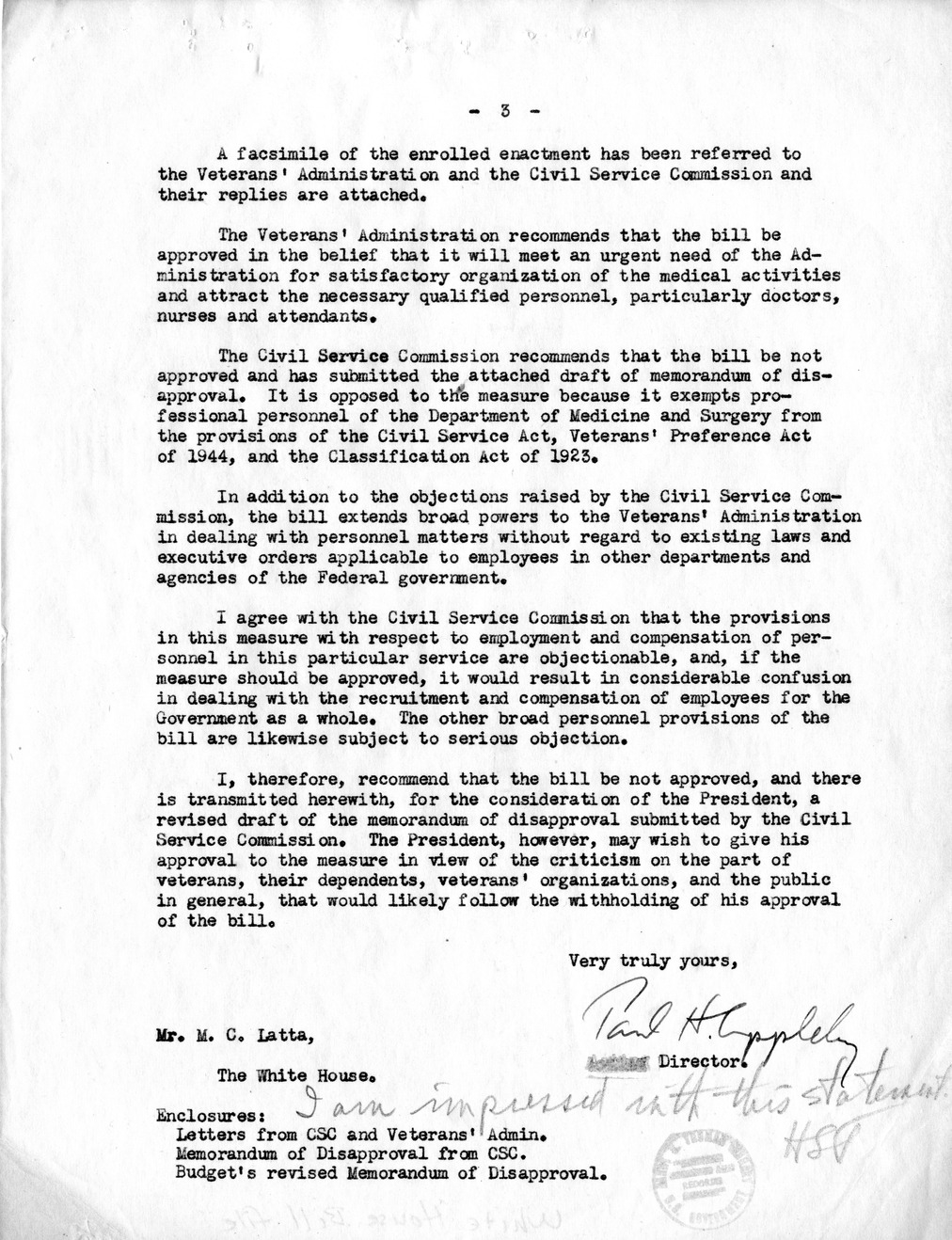 Memorandum from Paul H. Appleby to M. C. Latta, H.R. 4717, To Establish a Department of Medicine and Surgery in the Veterans' Administration, with Attachments