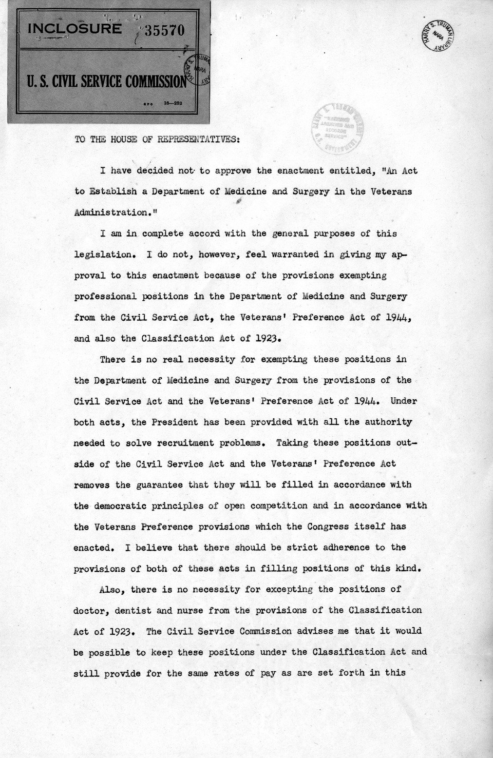 Memorandum from Paul H. Appleby to M. C. Latta, H.R. 4717, To Establish a Department of Medicine and Surgery in the Veterans' Administration, with Attachments