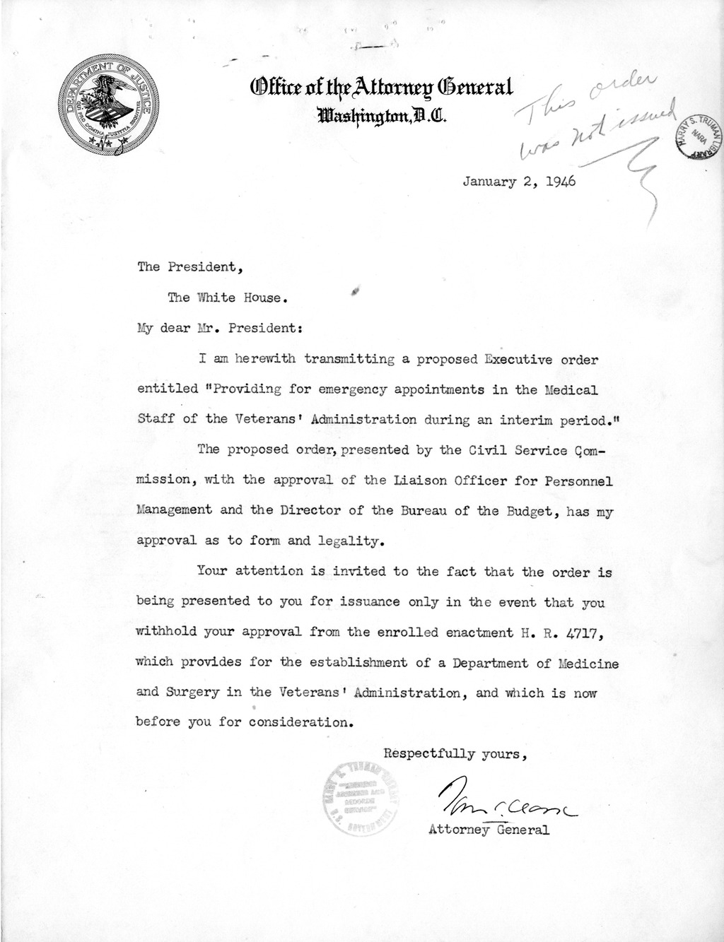 Memorandum from Paul H. Appleby to M. C. Latta, H.R. 4717, To Establish a Department of Medicine and Surgery in the Veterans' Administration, with Attachments