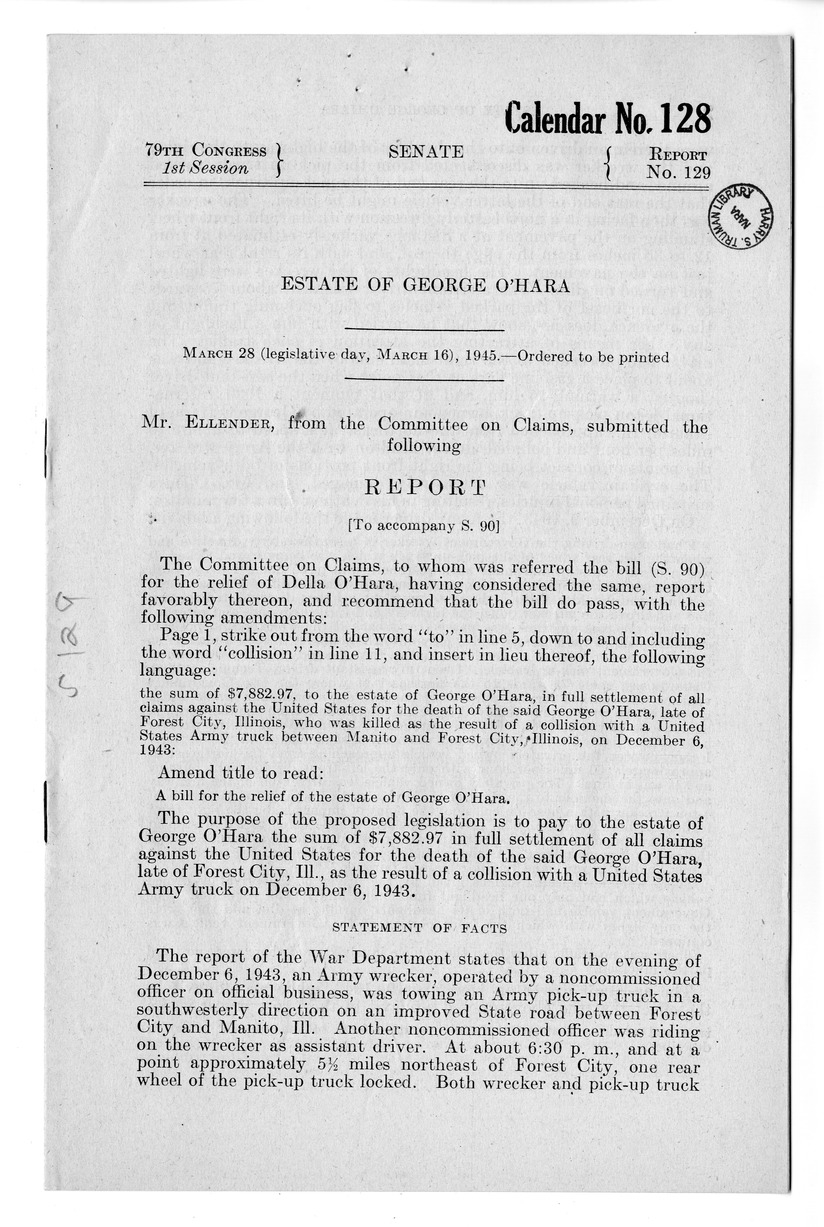 Memorandum from Harold D. Smith to M. C. Latta, S. 90, For the Relief of the Estate of George O'Hara, with Attachments