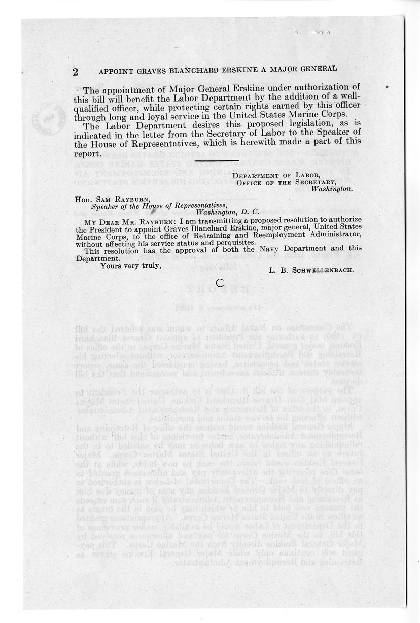 Memorandum from Harold D. Smith to M. C. Latta, S. 1590, To Authorize the President to Appoint Graves B. Erskine, Major General, United States Marine Corps, to the Office of Retraining and Reemployment Administrator, Without Affecting His Service Status and Prequisites, with Attachments