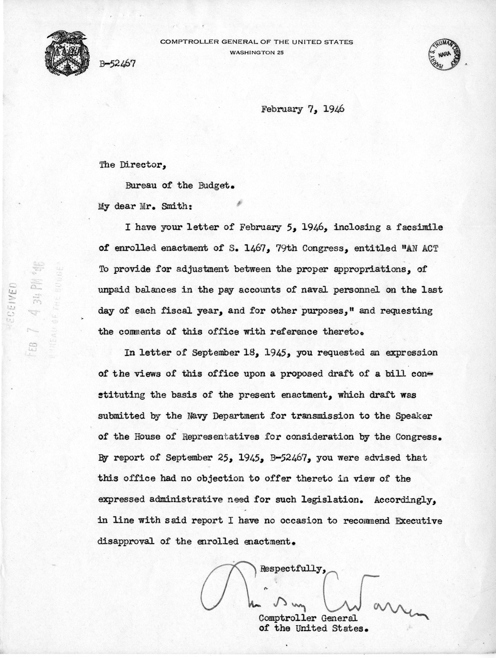 Memorandum from Frederick J. Bailey to M. C. Latta, S. 1467, To Provide for Adjustment Between the Proper Appropriations, of Unpaid Balances of the Pay Accounts of Naval Personnel on the Last Day of Each Fiscal Year, and for Other Purposes, with Attachments