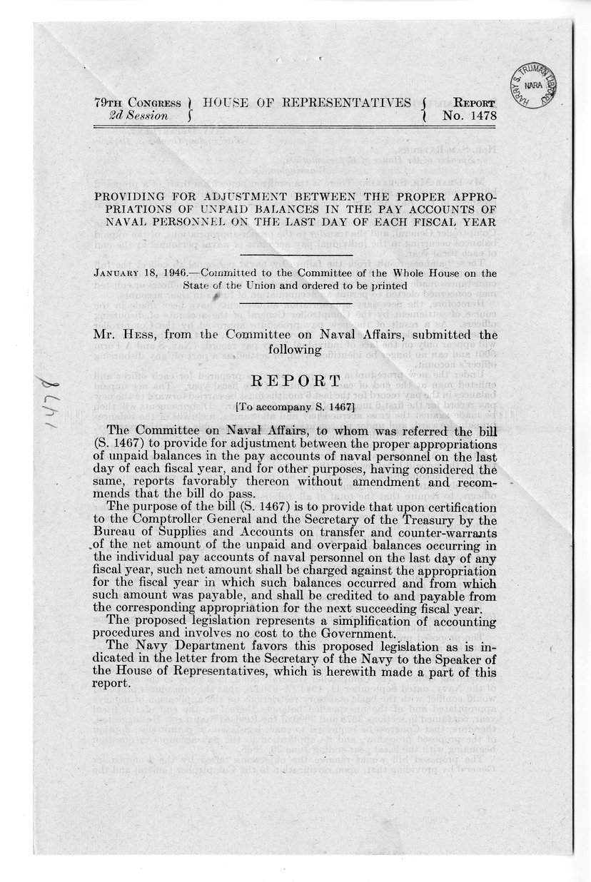 Memorandum from Frederick J. Bailey to M. C. Latta, S. 1467, To Provide for Adjustment Between the Proper Appropriations, of Unpaid Balances of the Pay Accounts of Naval Personnel on the Last Day of Each Fiscal Year, and for Other Purposes, with Attachments