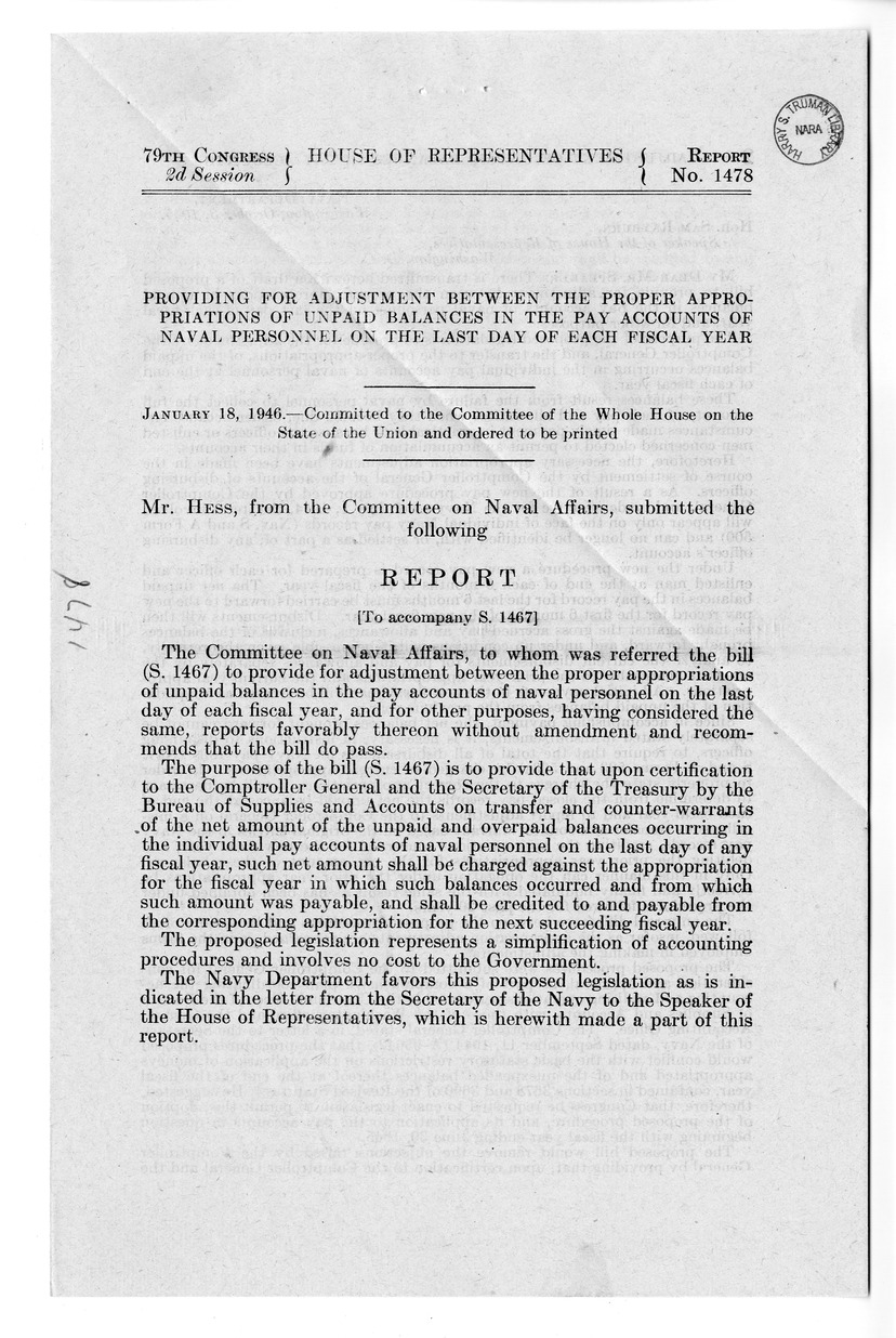 Memorandum from Frederick J. Bailey to M. C. Latta, S. 1467, To Provide for Adjustment Between the Proper Appropriations, of Unpaid Balances of the Pay Accounts of Naval Personnel on the Last Day of Each Fiscal Year, and for Other Purposes, with Attachments