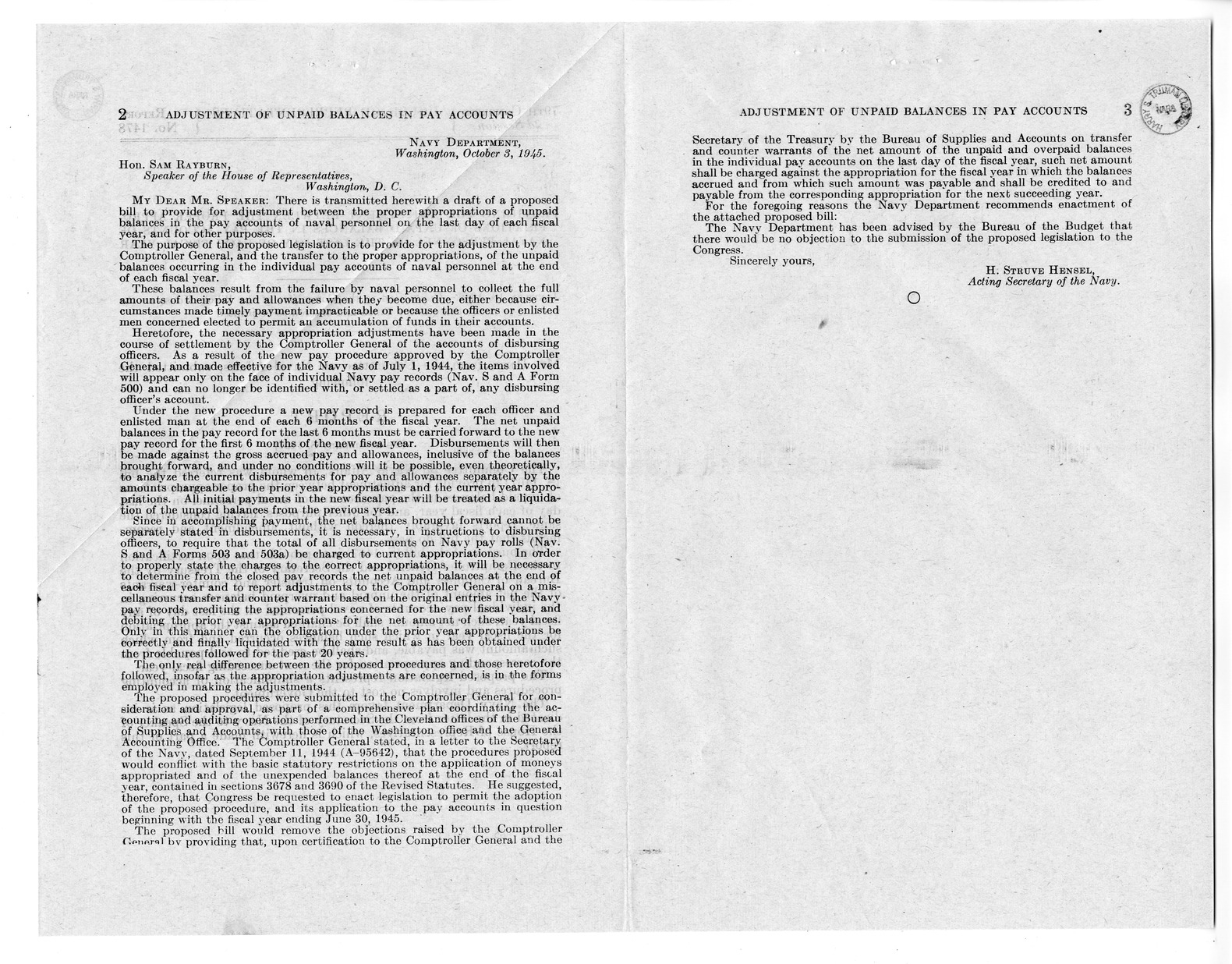Memorandum from Frederick J. Bailey to M. C. Latta, S. 1467, To Provide for Adjustment Between the Proper Appropriations, of Unpaid Balances of the Pay Accounts of Naval Personnel on the Last Day of Each Fiscal Year, and for Other Purposes, with Attachments