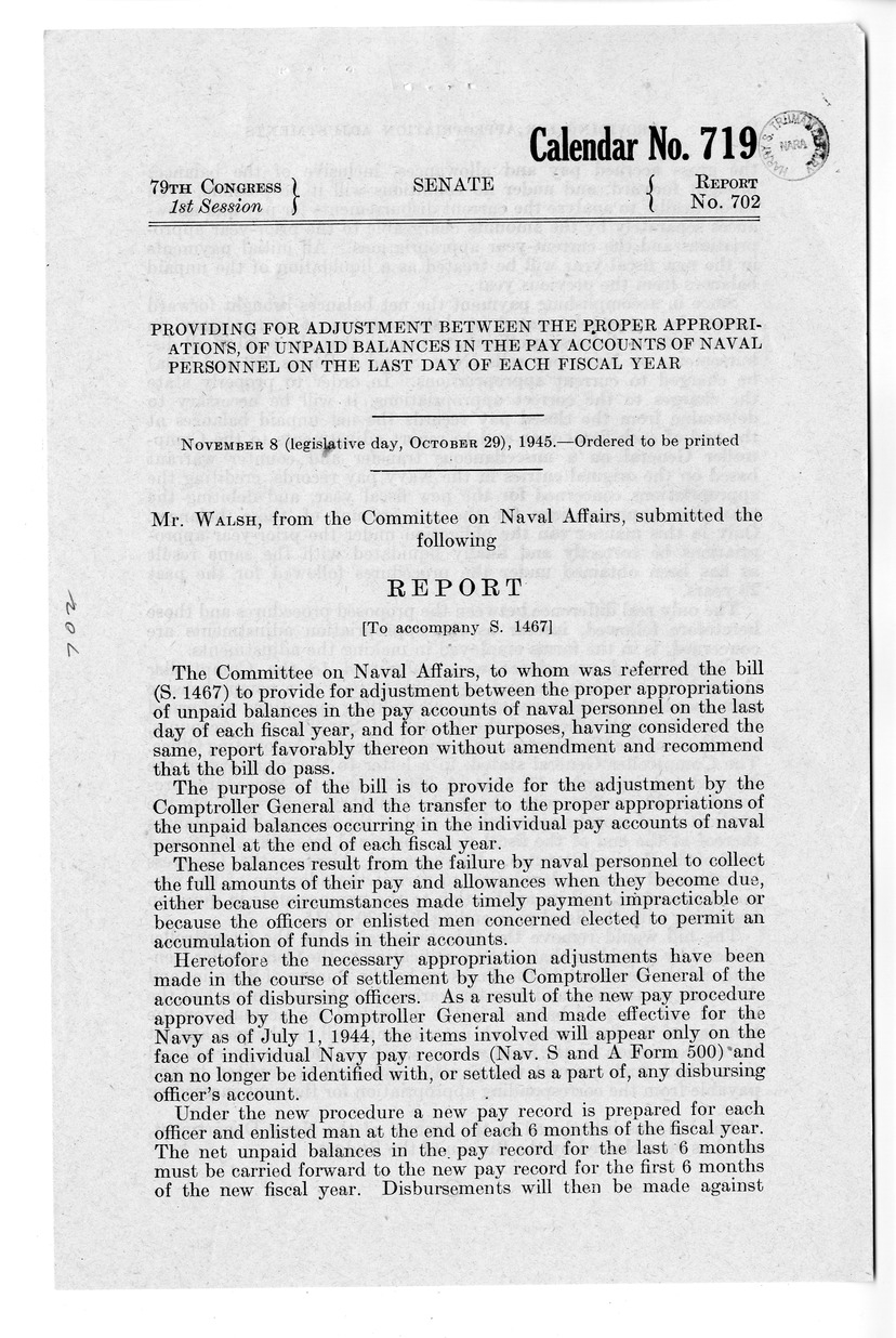 Memorandum from Frederick J. Bailey to M. C. Latta, S. 1467, To Provide for Adjustment Between the Proper Appropriations, of Unpaid Balances of the Pay Accounts of Naval Personnel on the Last Day of Each Fiscal Year, and for Other Purposes, with Attachments
