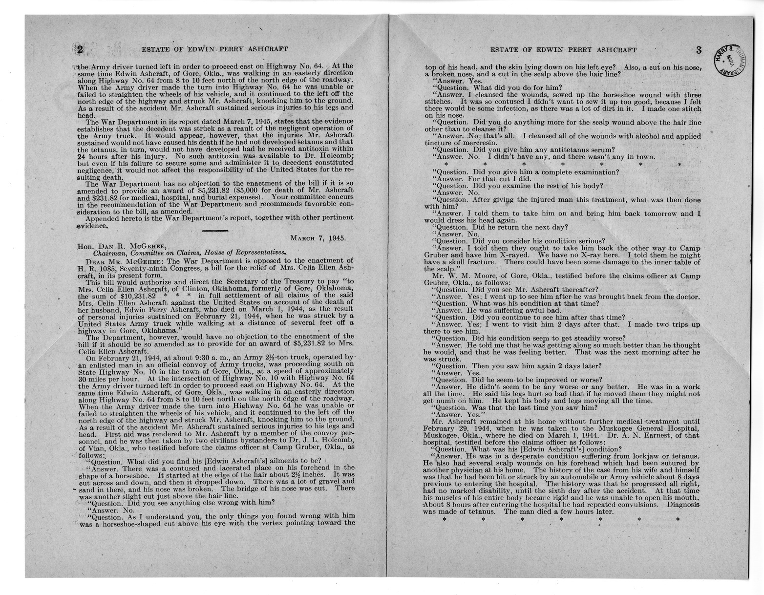 Memorandum from Frederick J. Bailey to M. C. Latta, H. R. 1085, For the Relief of the Estate of Edwin Perry Ashcraft, with Attachments