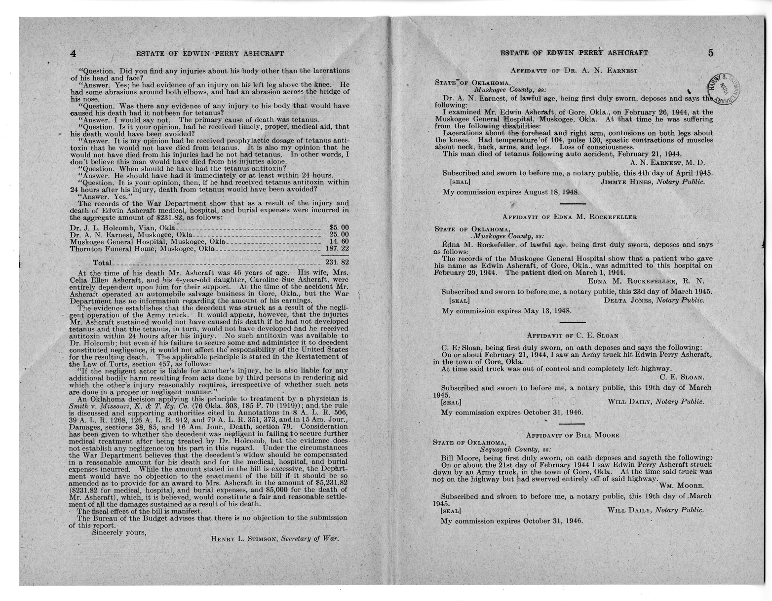 Memorandum from Frederick J. Bailey to M. C. Latta, H. R. 1085, For the Relief of the Estate of Edwin Perry Ashcraft, with Attachments