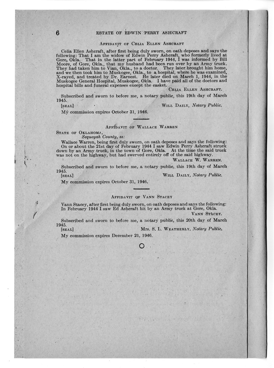 Memorandum from Frederick J. Bailey to M. C. Latta, H. R. 1085, For the Relief of the Estate of Edwin Perry Ashcraft, with Attachments