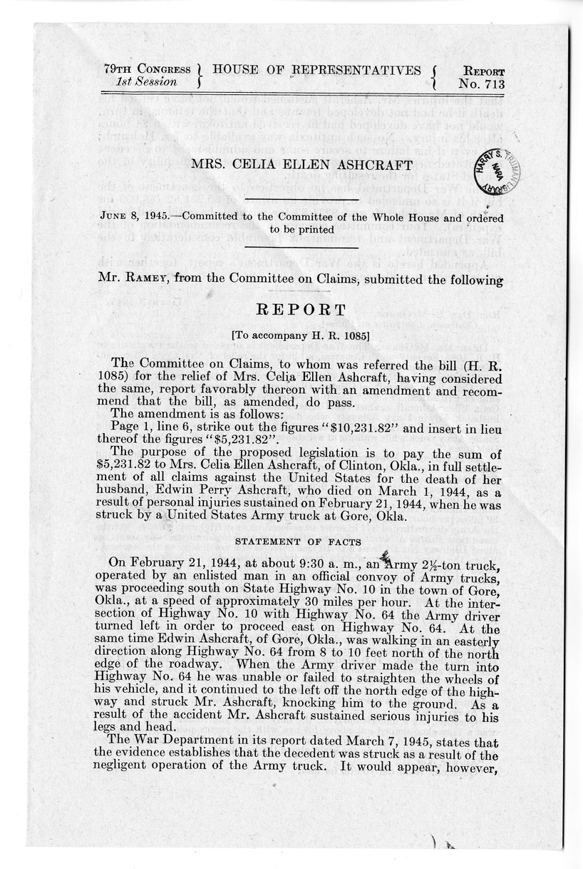 Memorandum from Frederick J. Bailey to M. C. Latta, H. R. 1085, For the Relief of the Estate of Edwin Perry Ashcraft, with Attachments