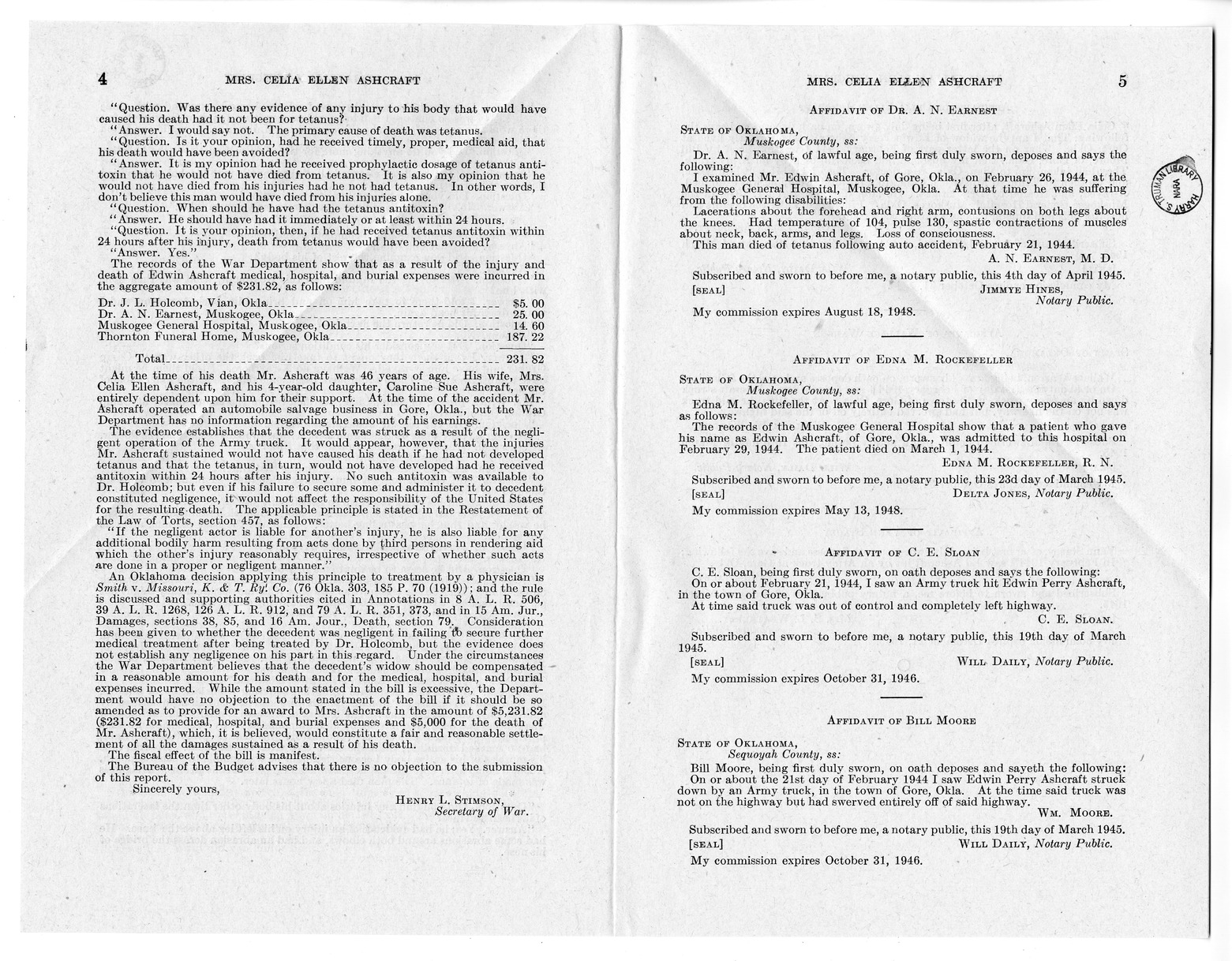 Memorandum from Frederick J. Bailey to M. C. Latta, H. R. 1085, For the Relief of the Estate of Edwin Perry Ashcraft, with Attachments