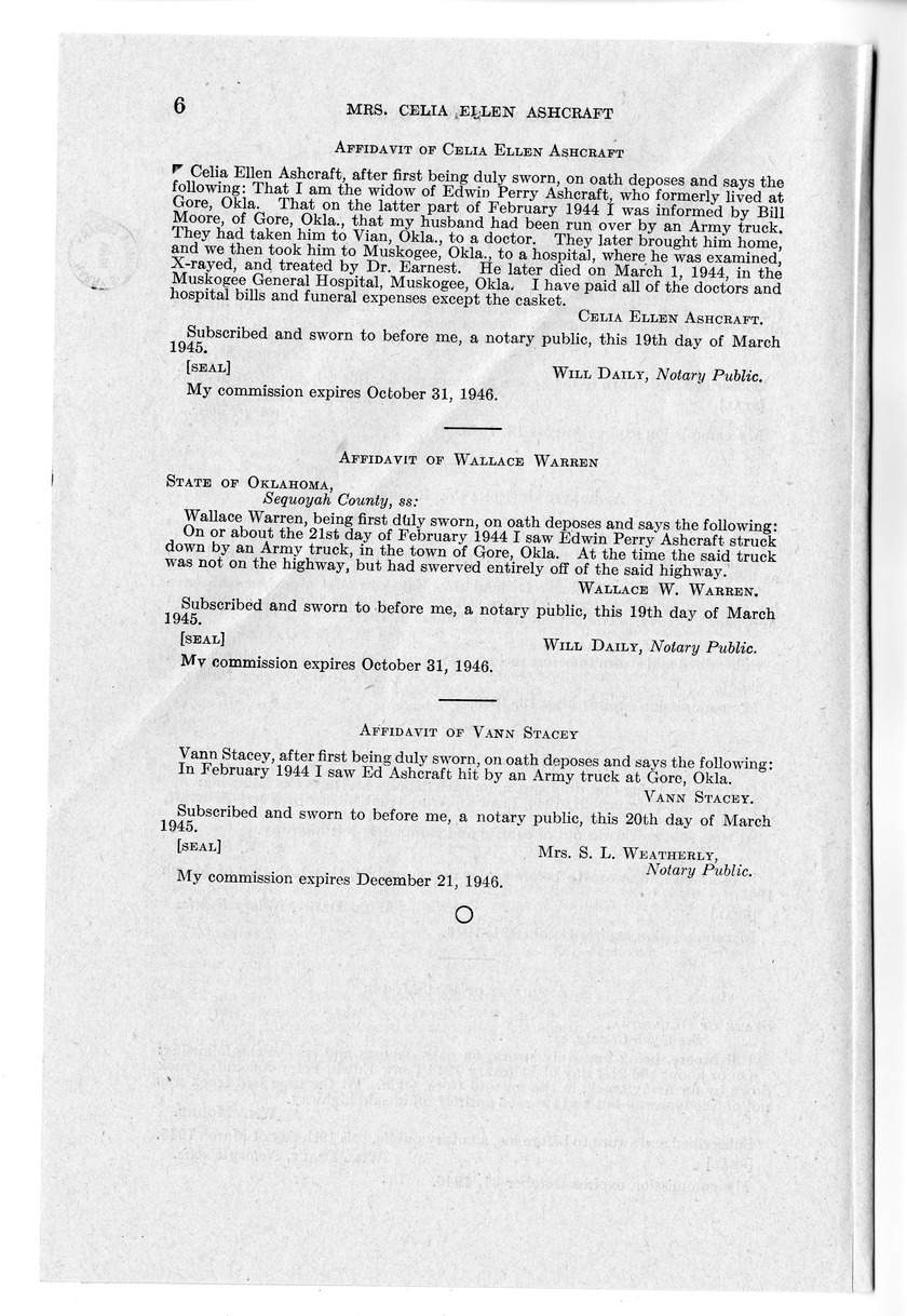 Memorandum from Frederick J. Bailey to M. C. Latta, H. R. 1085, For the Relief of the Estate of Edwin Perry Ashcraft, with Attachments