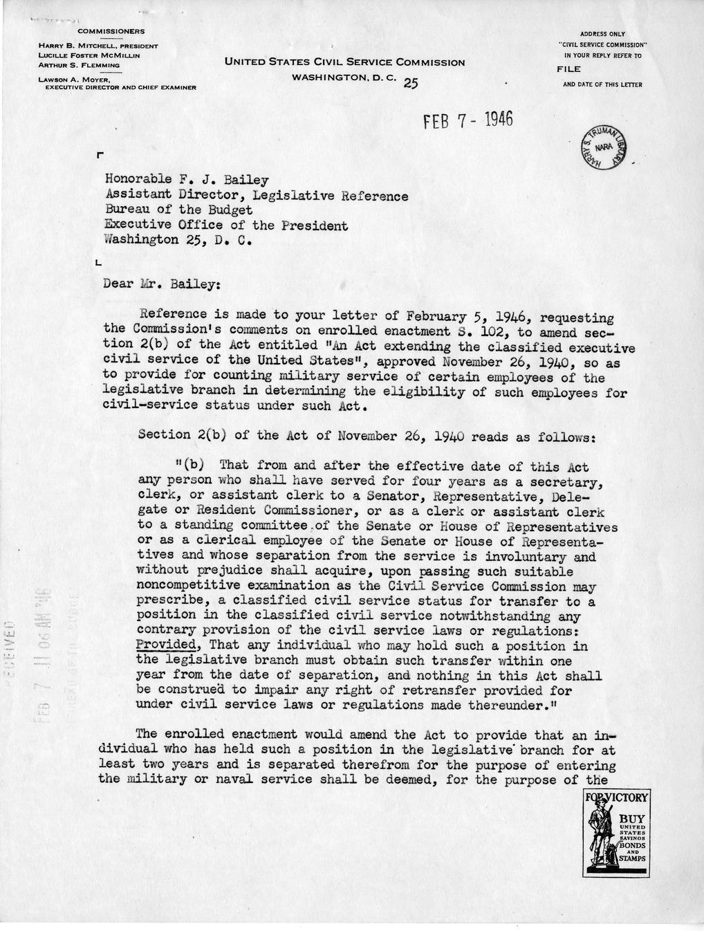 Memorandum from Harold D. Smith to M. C. Latta, S. 102, To Amend Section 2 (b) of the Act Extending the Classified Executive Civil Service of the United States, Approved November 30, 1940, with Attachments