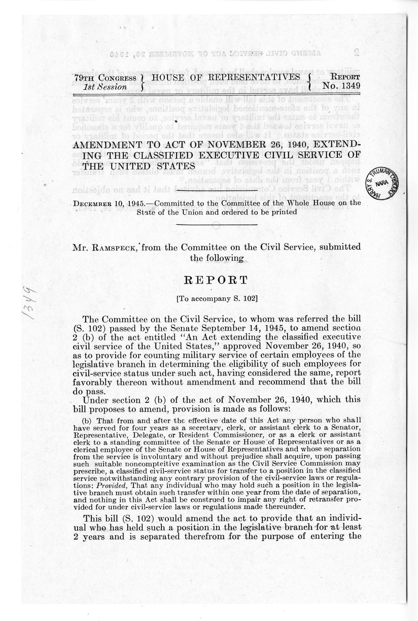 Memorandum from Harold D. Smith to M. C. Latta, S. 102, To Amend Section 2 (b) of the Act Extending the Classified Executive Civil Service of the United States, Approved November 30, 1940, with Attachments