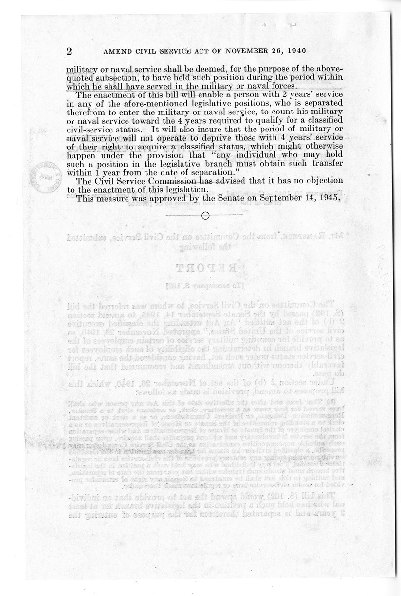 Memorandum from Harold D. Smith to M. C. Latta, S. 102, To Amend Section 2 (b) of the Act Extending the Classified Executive Civil Service of the United States, Approved November 30, 1940, with Attachments