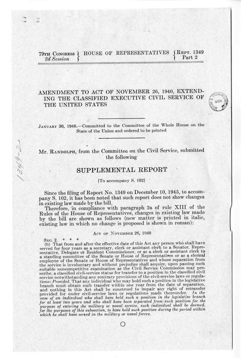 Memorandum from Harold D. Smith to M. C. Latta, S. 102, To Amend Section 2 (b) of the Act Extending the Classified Executive Civil Service of the United States, Approved November 30, 1940, with Attachments